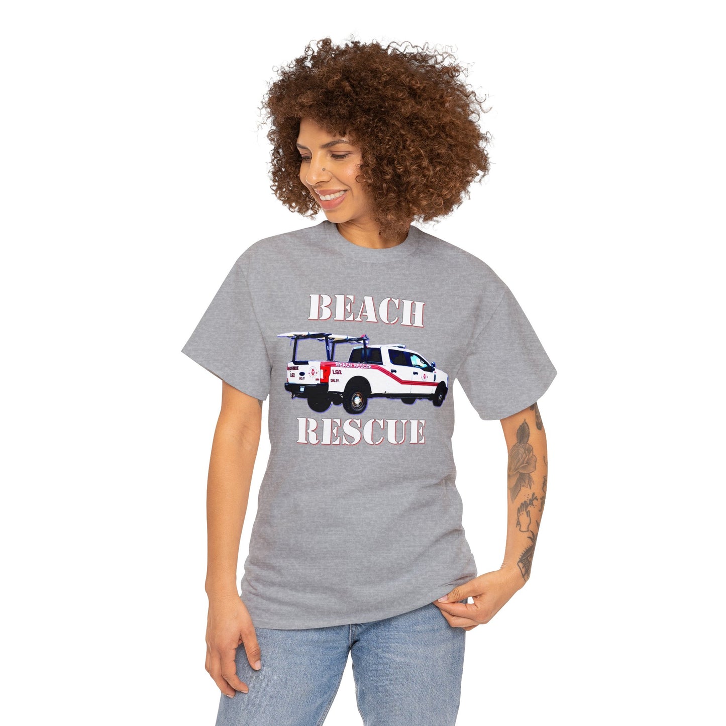 Beach Rescue Truck, Beach Life Guard Truck, Truck with Surfboard Heavy Cotton Tee