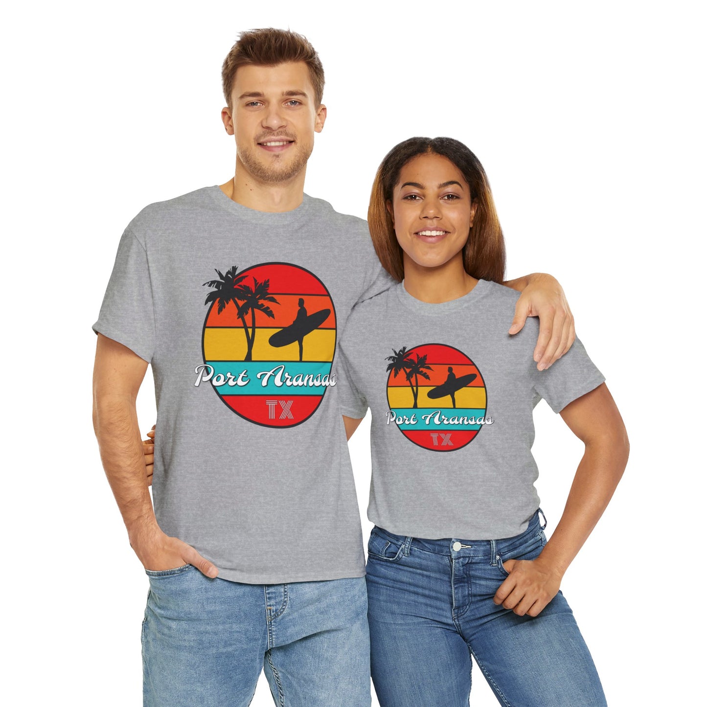 Port Aransas Texas, Port A Surfer, Palm Trees, Beach Vacation Heavy Cotton Tee