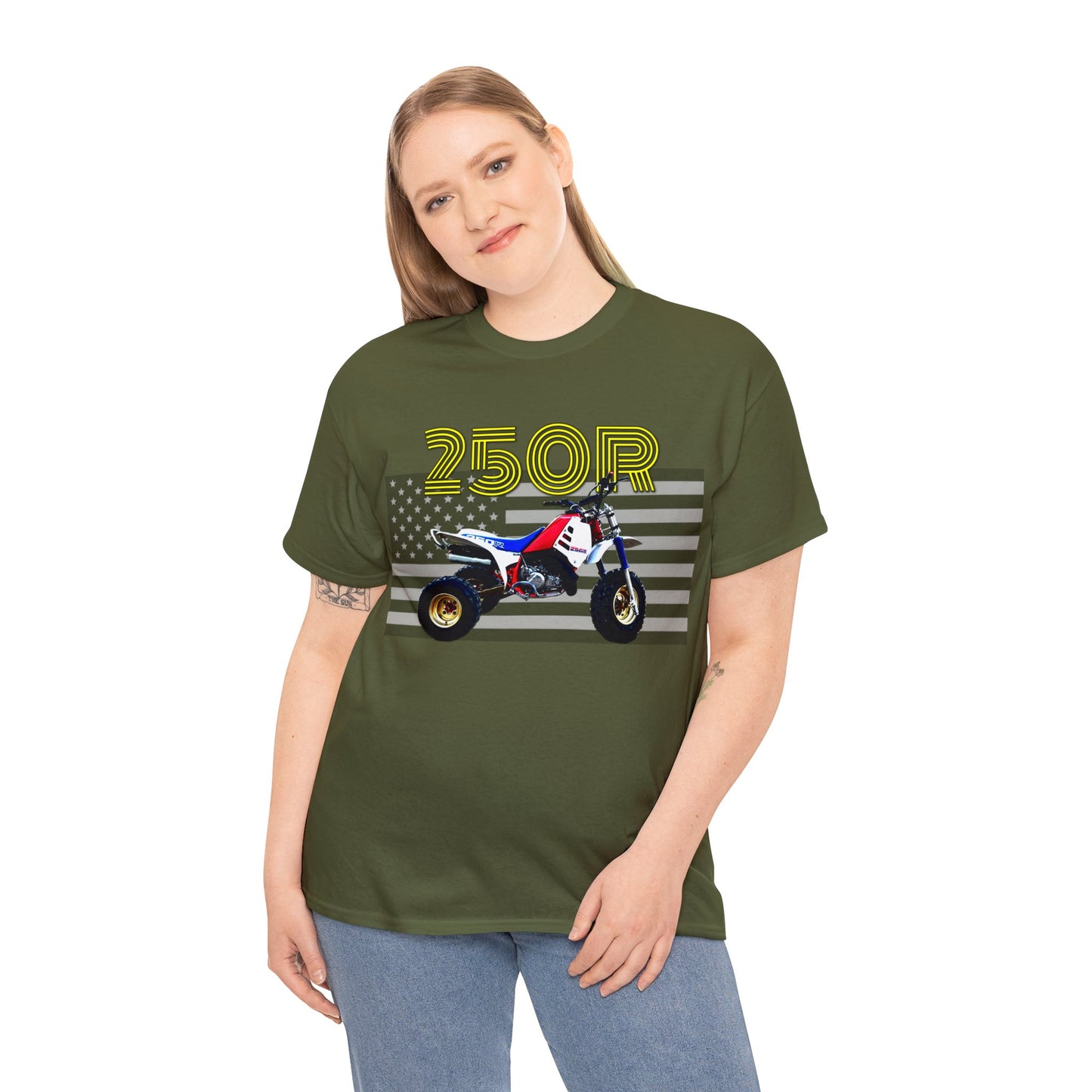 250r ATV ATC Vintage Retro Three Wheeler American Flag Heavy Cotton Tee