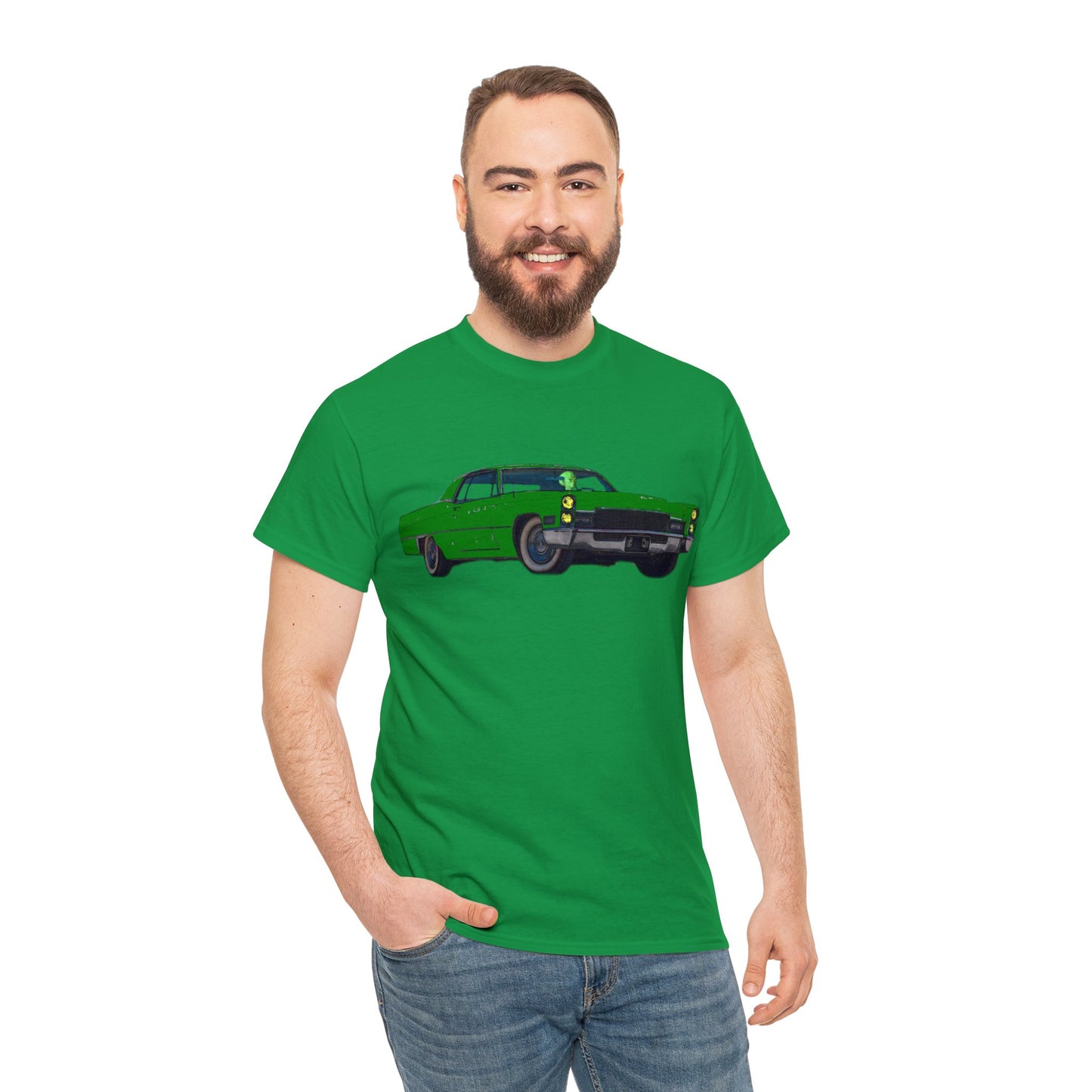 Alien Driving Car, Martian Driving a Vintage Caddy, Green Martian Heavy Cotton Tee