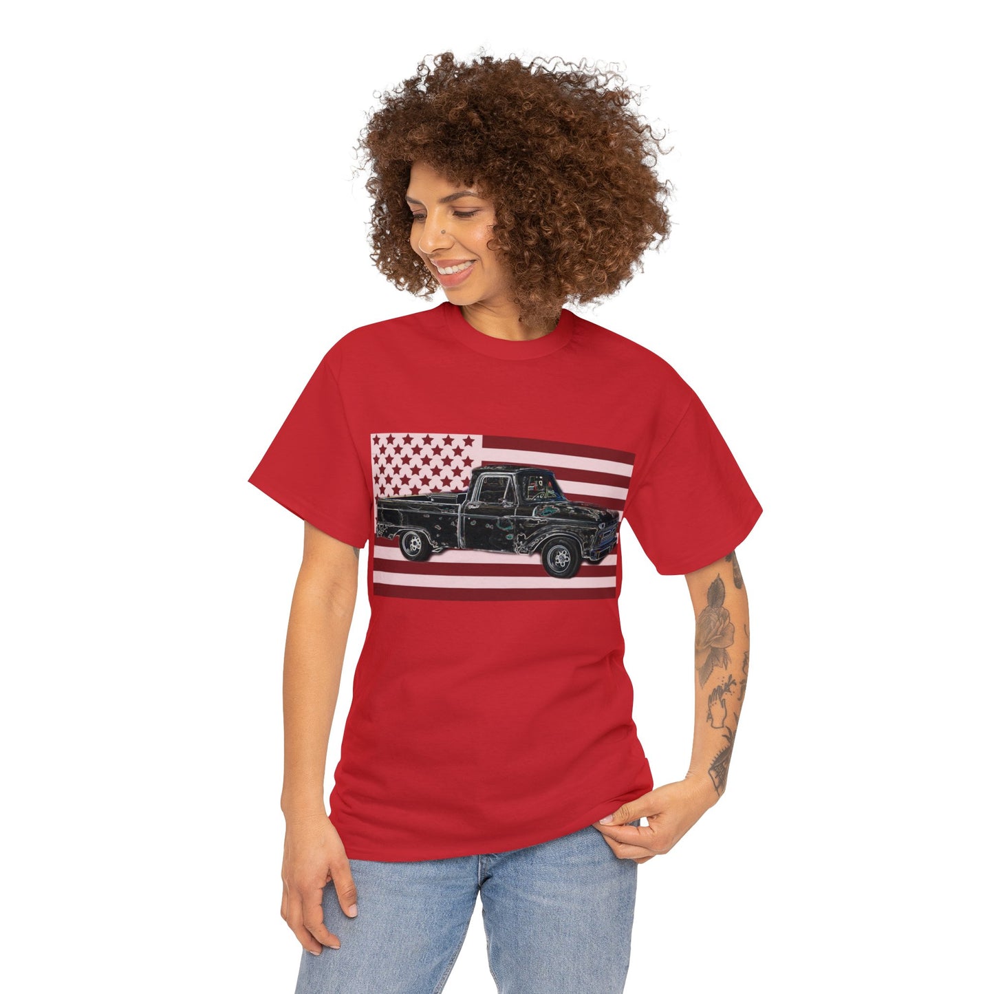 Vintage American Made Pickup Truck and Flag, Antique USA Truck Heavy Cotton Tee