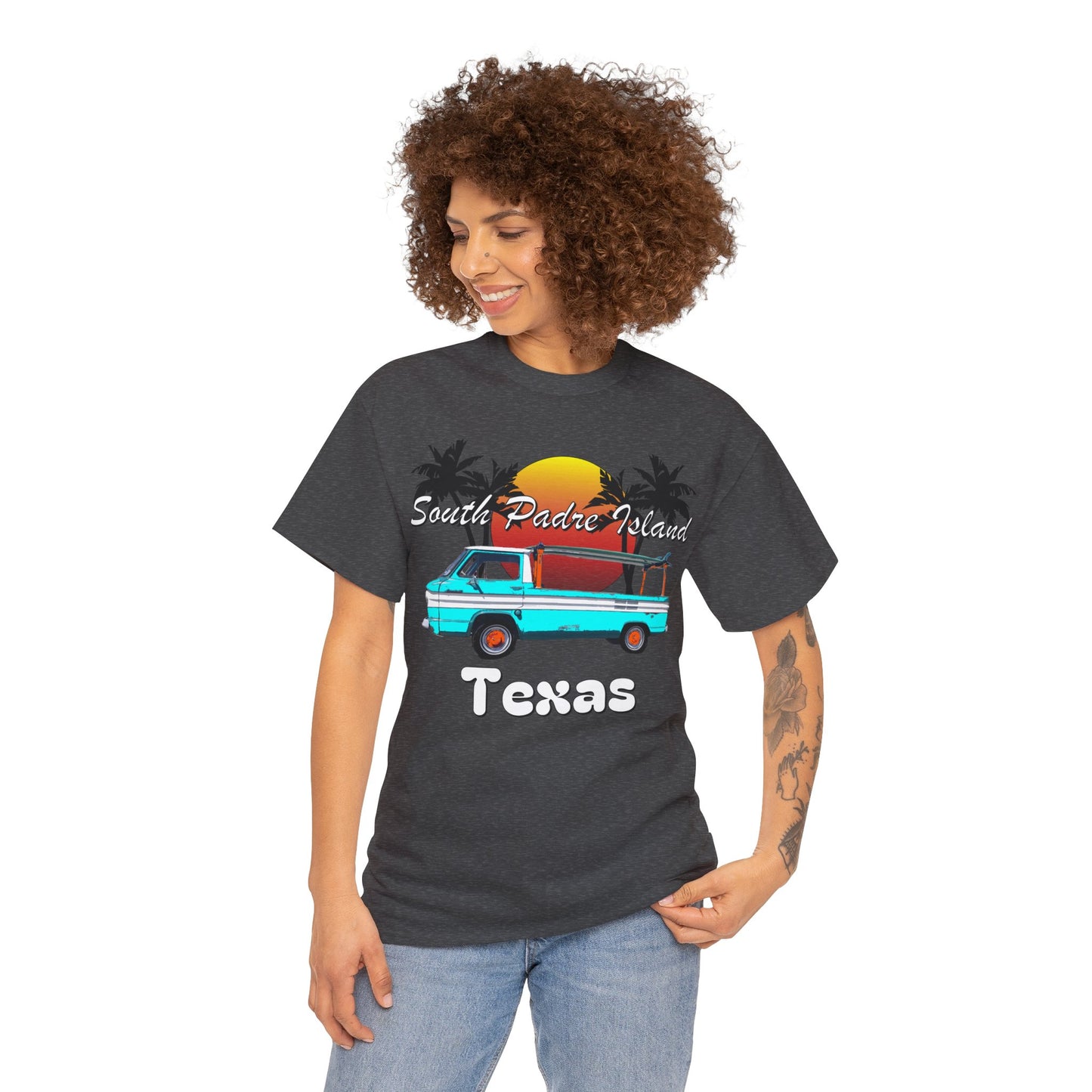 South Padre Island Texas, South Padre Surfer, Palm Trees Heavy Cotton Tee