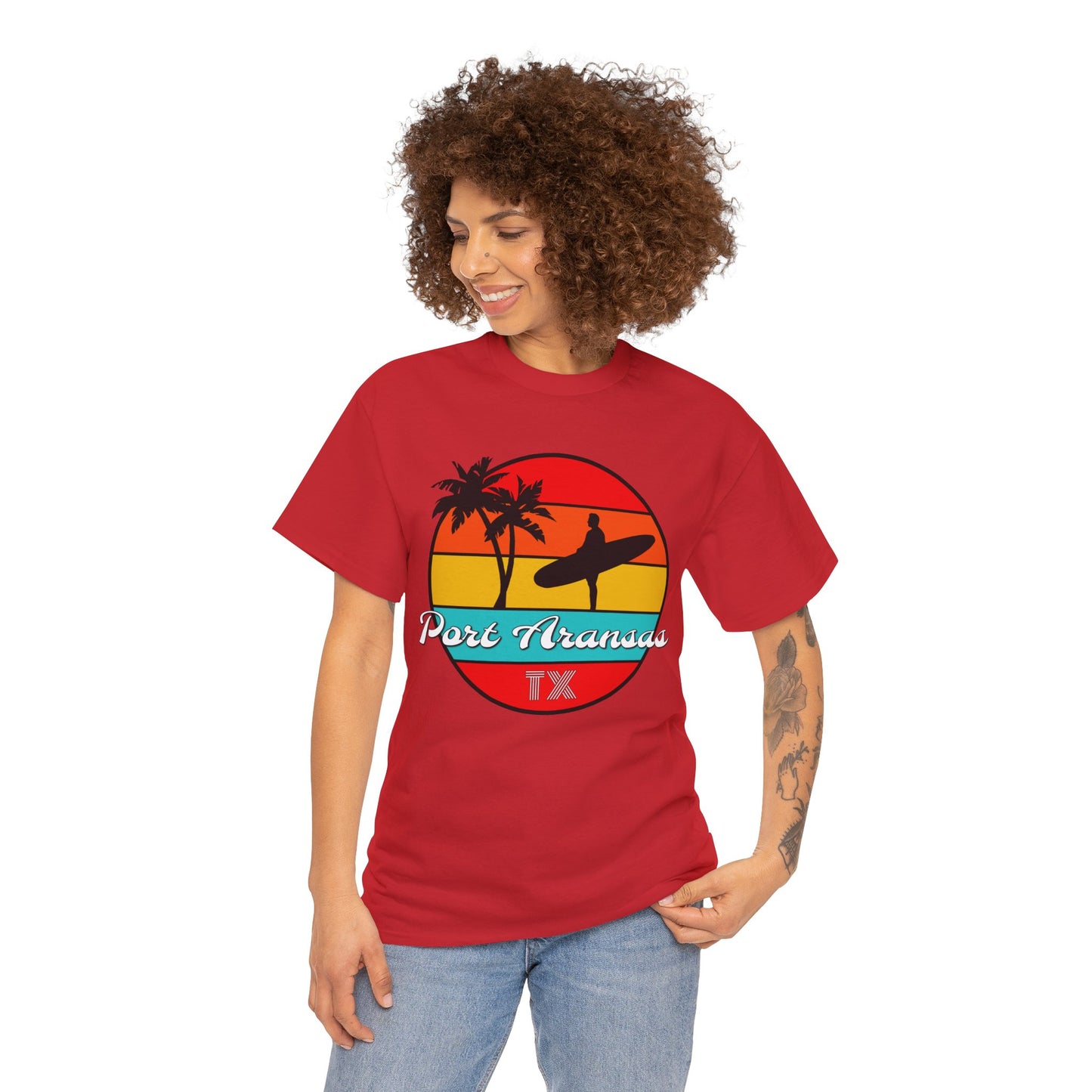 Port Aransas Texas, Port A Surfer, Palm Trees, Beach Vacation Heavy Cotton Tee