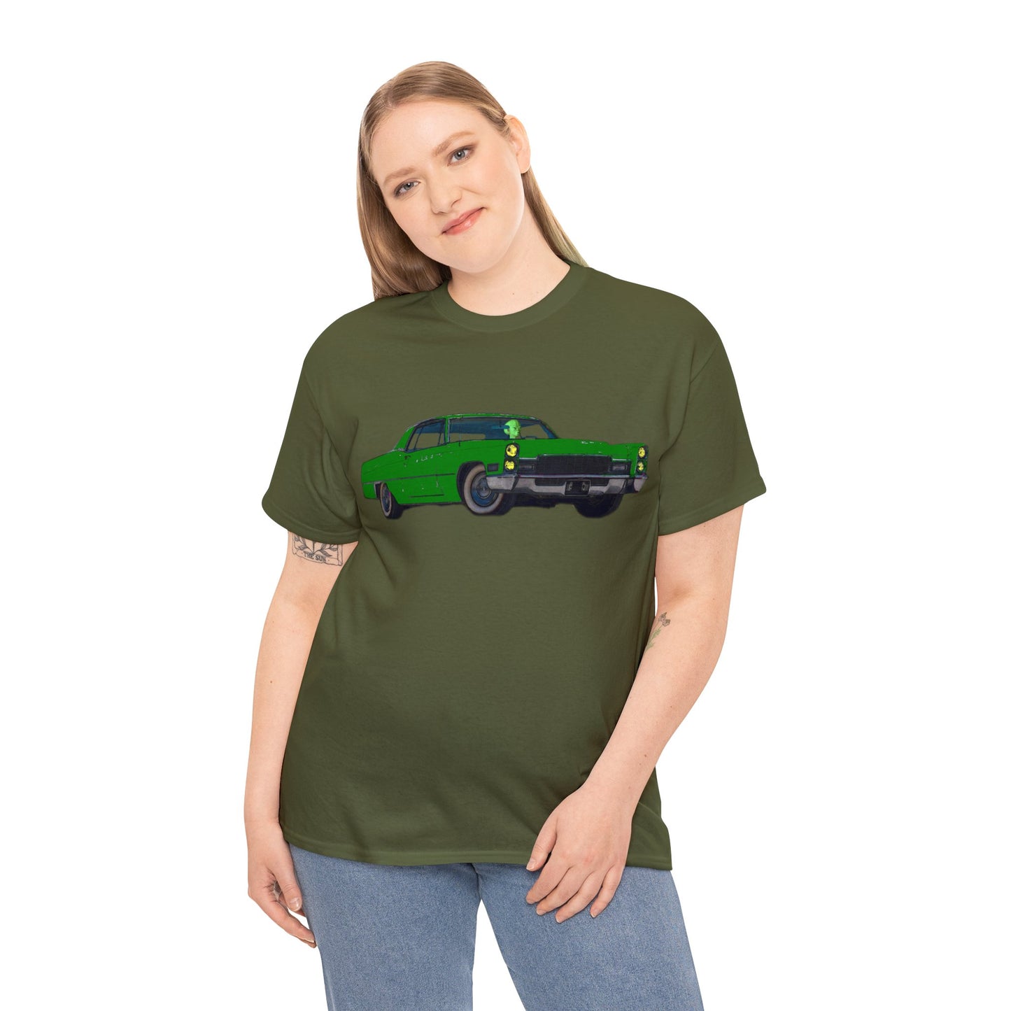 Alien Driving Car, Martian Driving a Vintage Caddy, Green Martian Heavy Cotton Tee