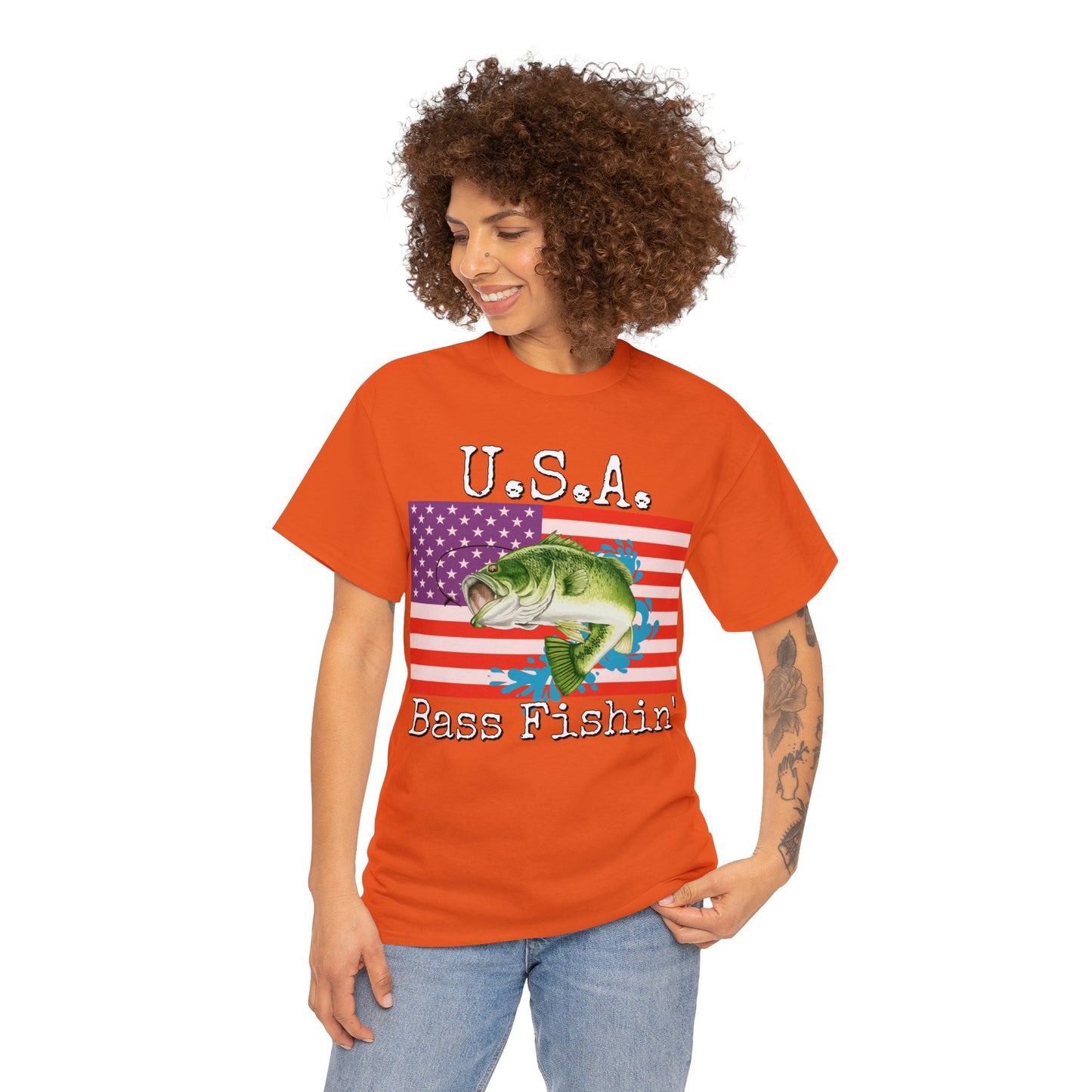 Vintage Retro USA American Flag Bass Fishing Heavy Cotton Tee