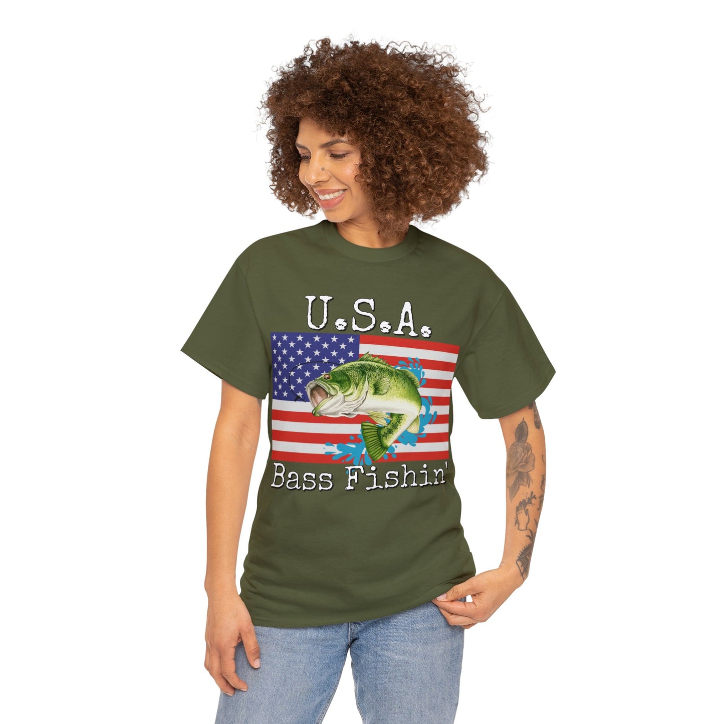 Vintage Retro USA American Flag Bass Fishing Heavy Cotton Tee