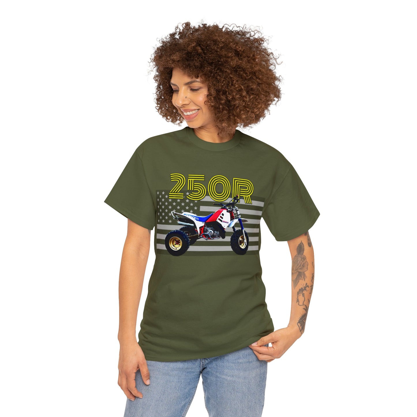 250r ATV ATC Vintage Retro Three Wheeler American Flag Heavy Cotton Tee