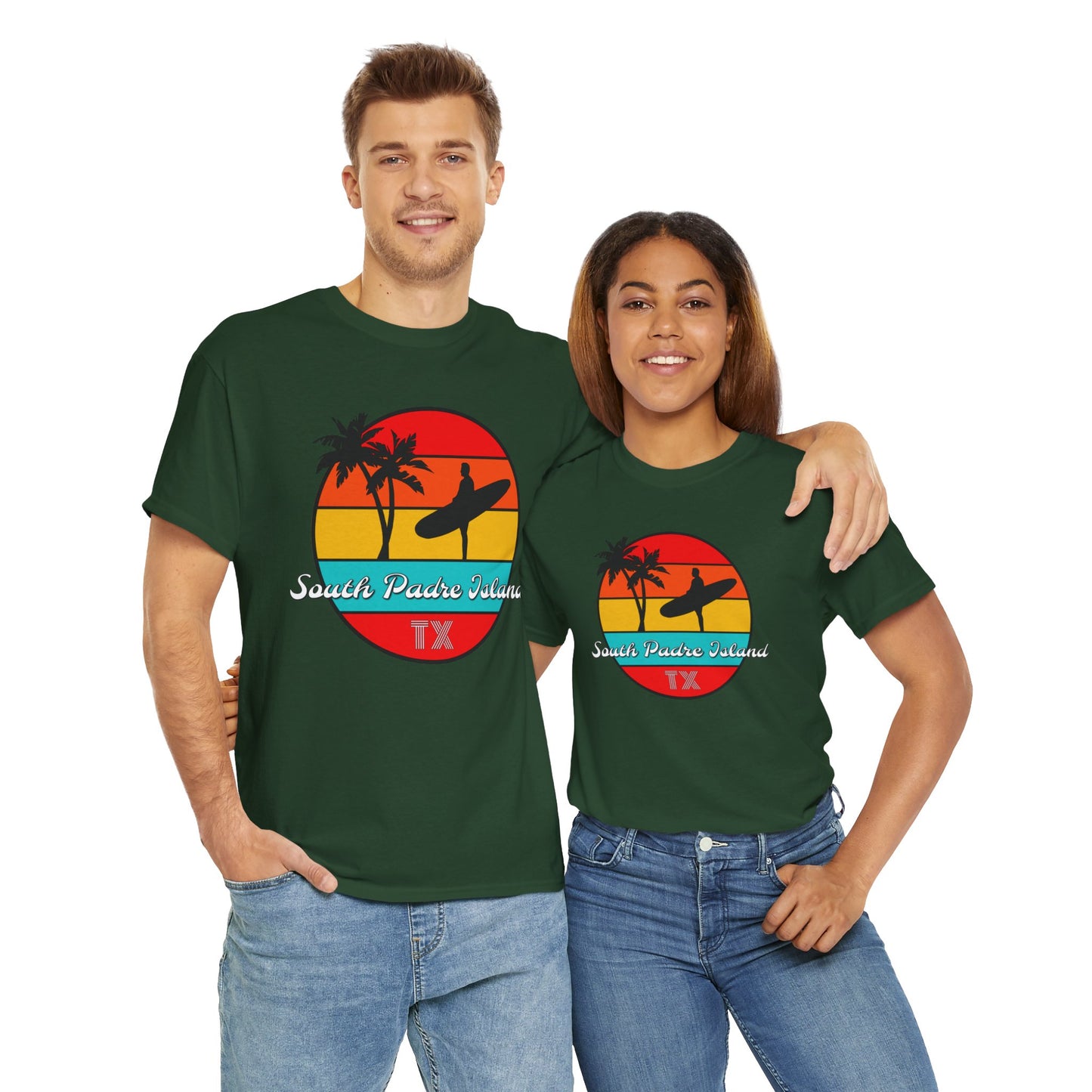 South Padre Island Texas, South Padre Surfer, Palm Trees Heavy Cotton Tee