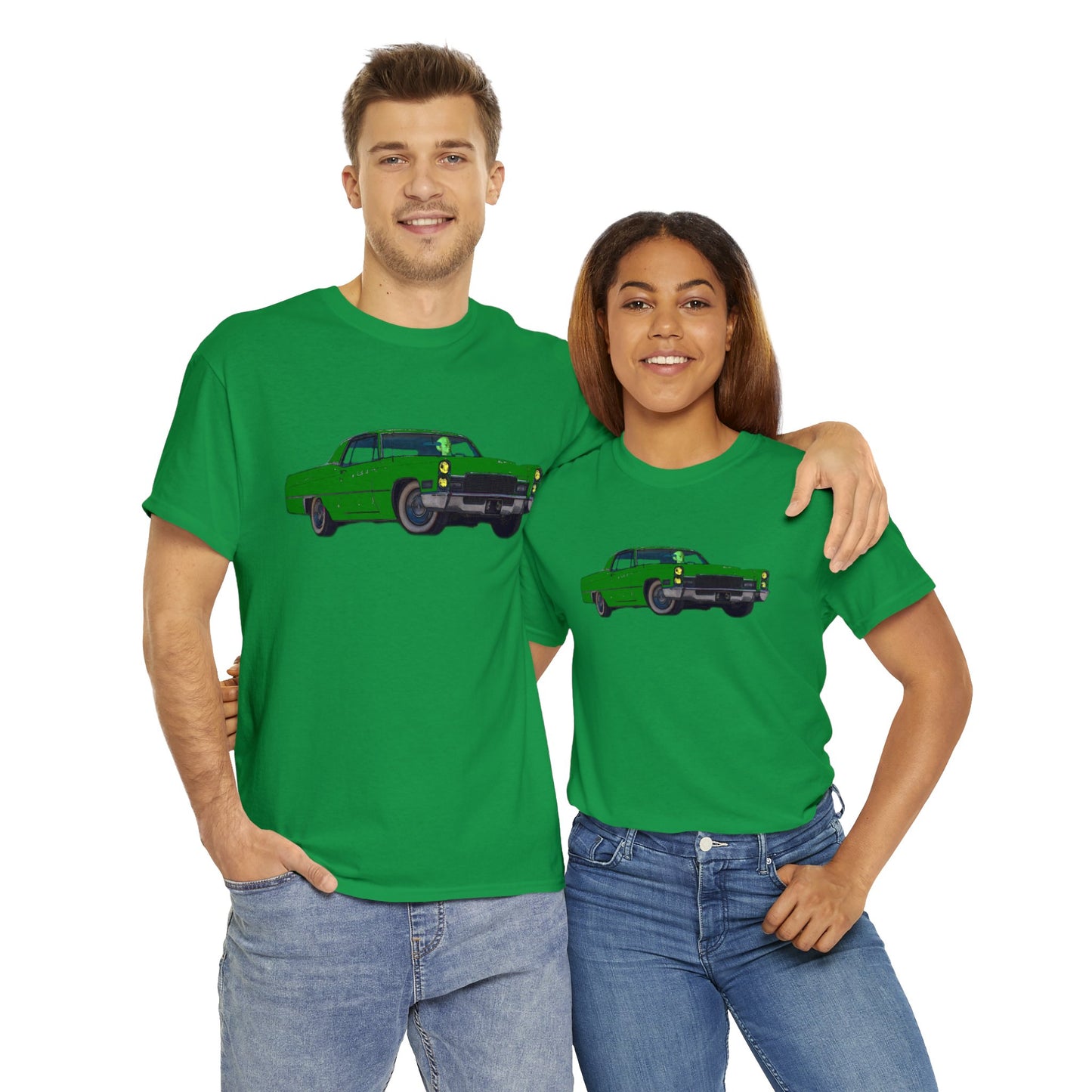 Alien Driving Car, Martian Driving a Vintage Caddy, Green Martian Heavy Cotton Tee