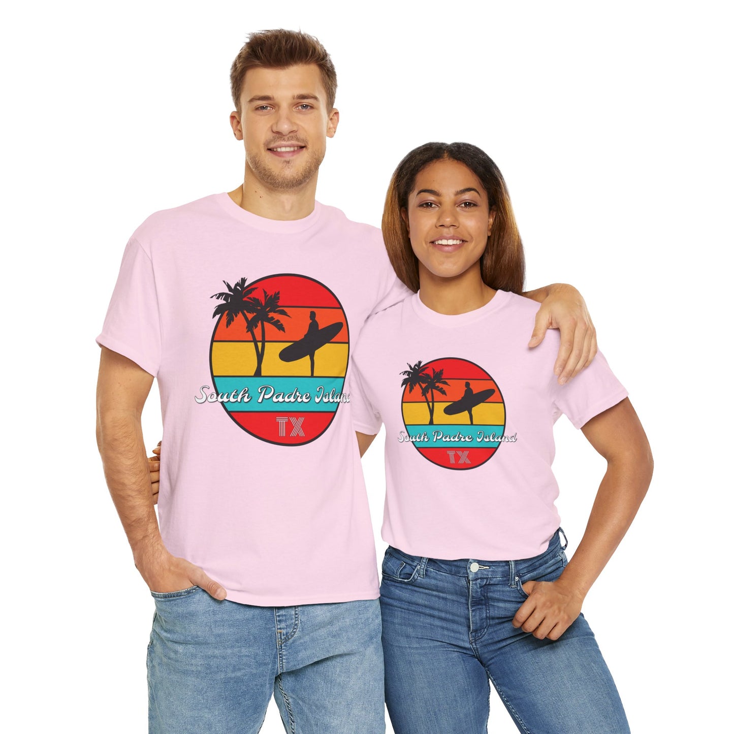 South Padre Island Texas, South Padre Surfer, Palm Trees Heavy Cotton Tee