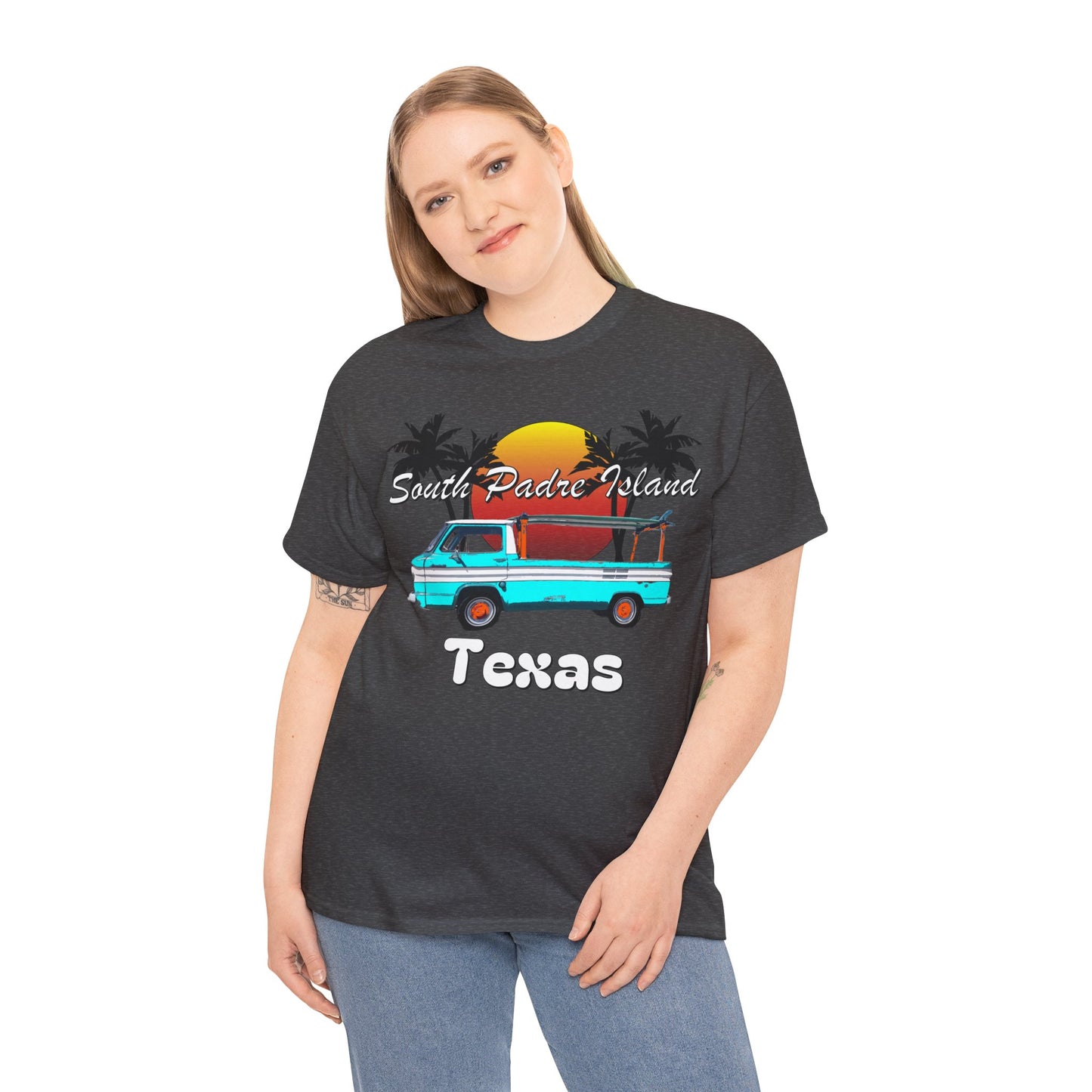 South Padre Island Texas, South Padre Surfer, Palm Trees Heavy Cotton Tee