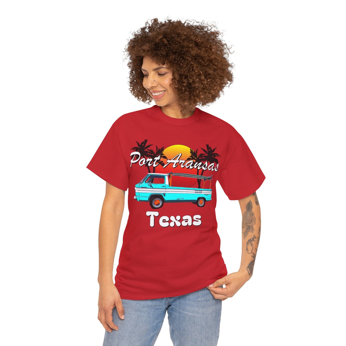 Port Aransas Texas, Port A Surfer, Palm Trees, Beach Vacation Heavy Cotton Tee