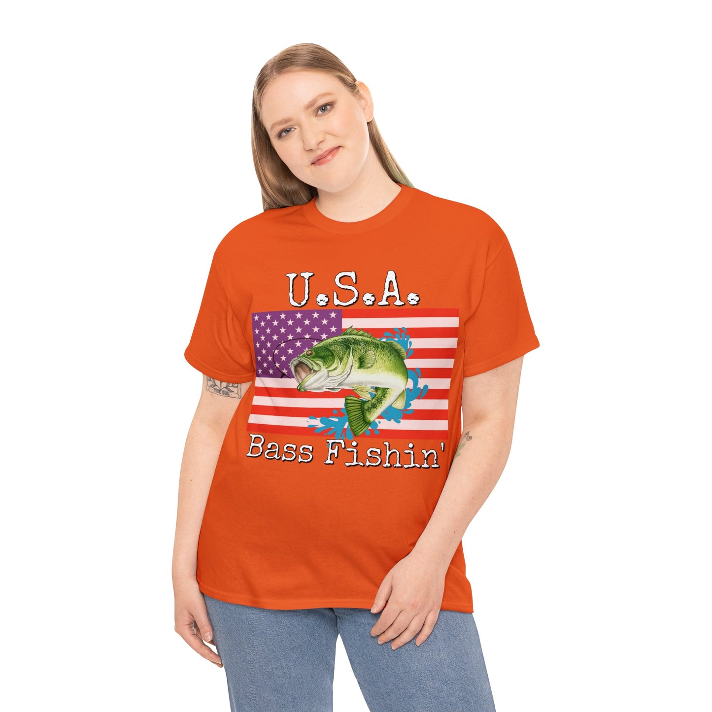 Vintage Retro USA American Flag Bass Fishing Heavy Cotton Tee