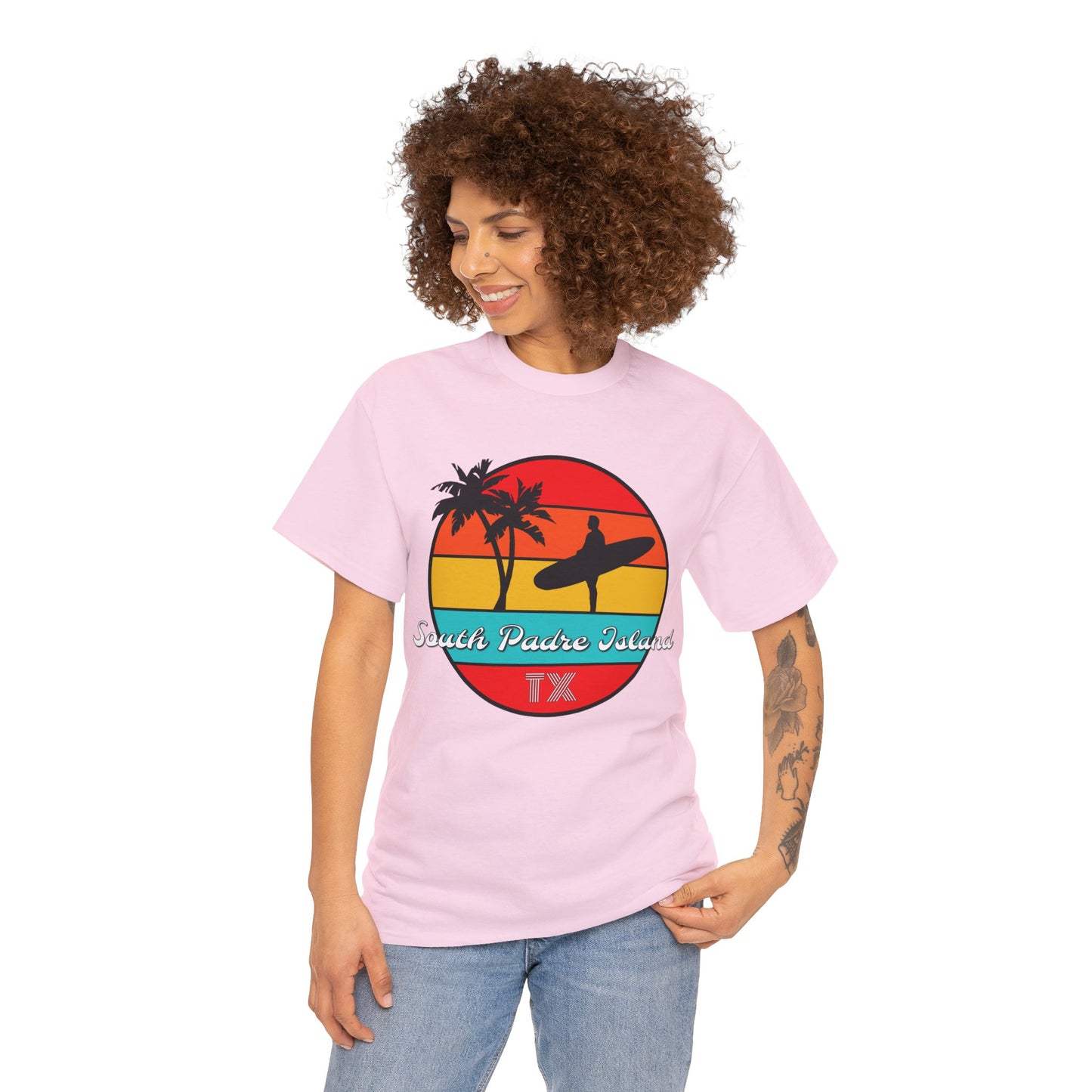 South Padre Island Texas, South Padre Surfer, Palm Trees Heavy Cotton Tee