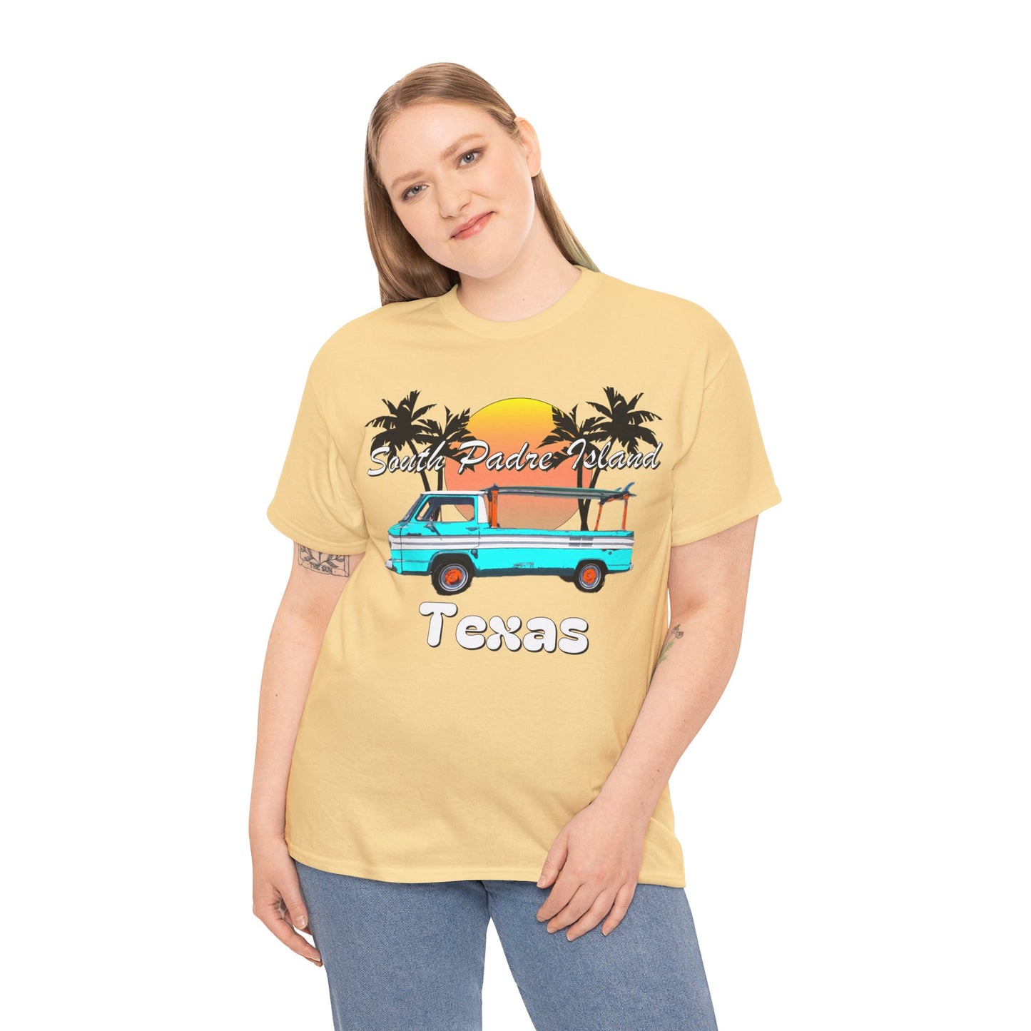 South Padre Island Texas, South Padre Surfer, Palm Trees Heavy Cotton Tee