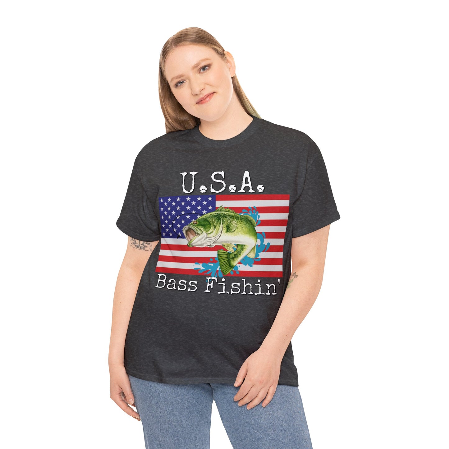 Vintage Retro USA American Flag Bass Fishing Heavy Cotton Tee