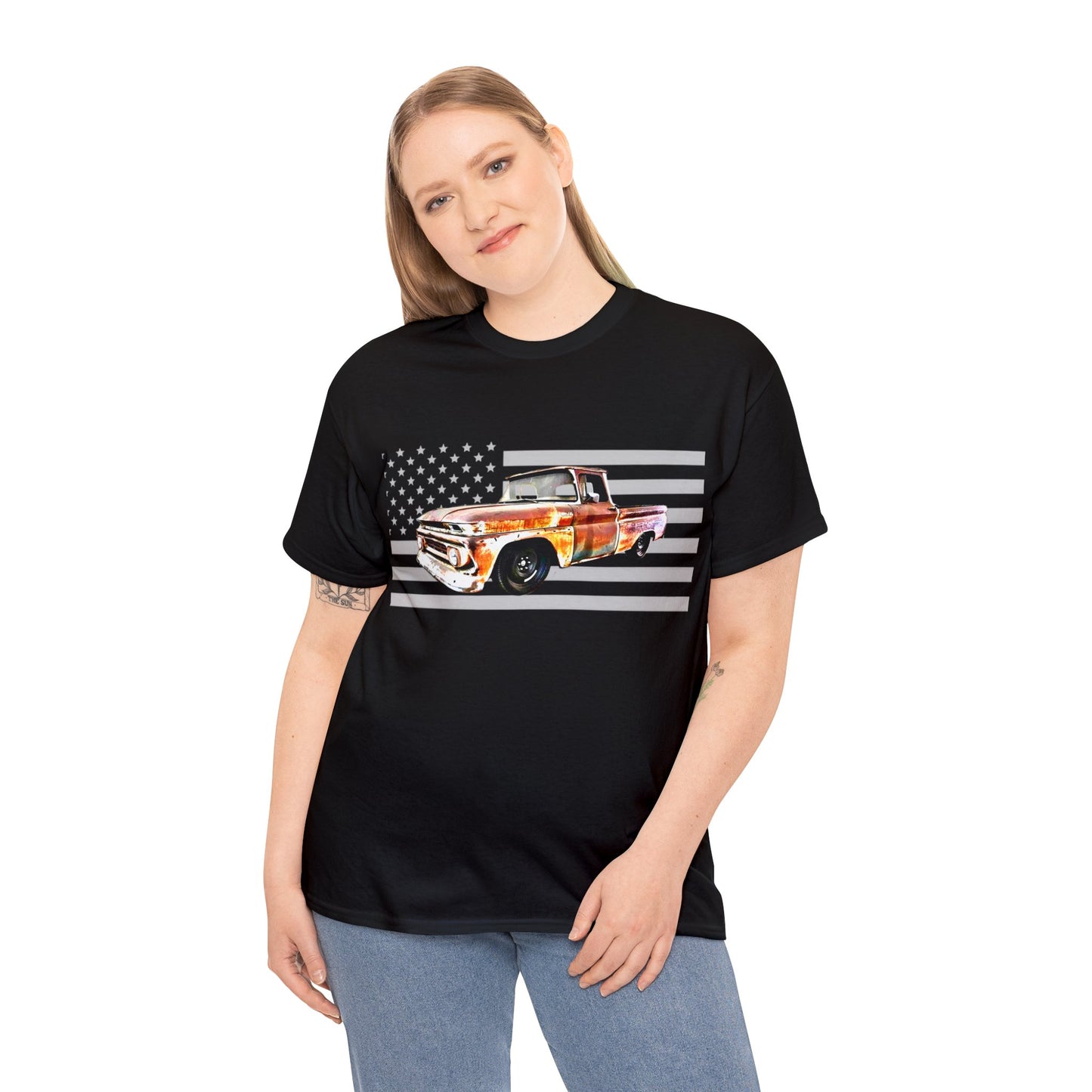 Vintage American Made Pickup Truck and Flag, Antique USA Truck Heavy Cotton Tee