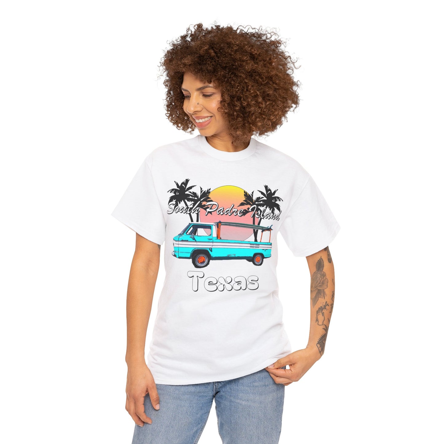 South Padre Island Texas, South Padre Surfer, Palm Trees Heavy Cotton Tee