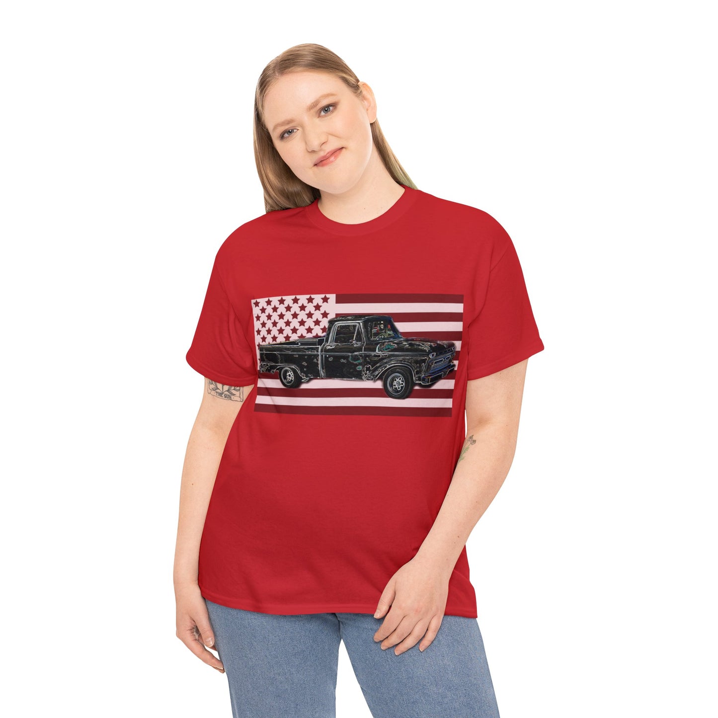 Vintage American Made Pickup Truck and Flag, Antique USA Truck Heavy Cotton Tee