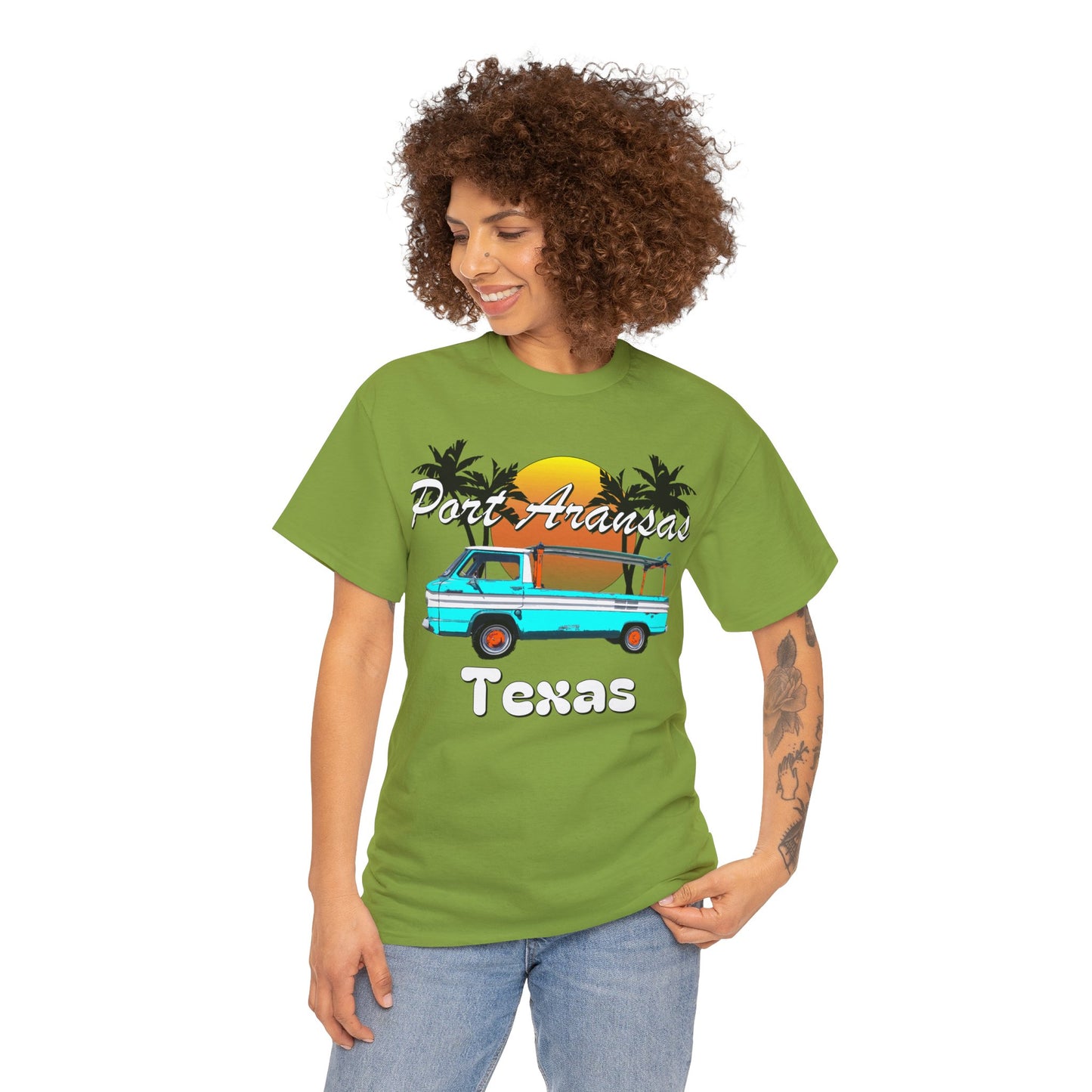 Port Aransas Texas, Port A Surfer, Palm Trees, Beach Vacation Heavy Cotton Tee