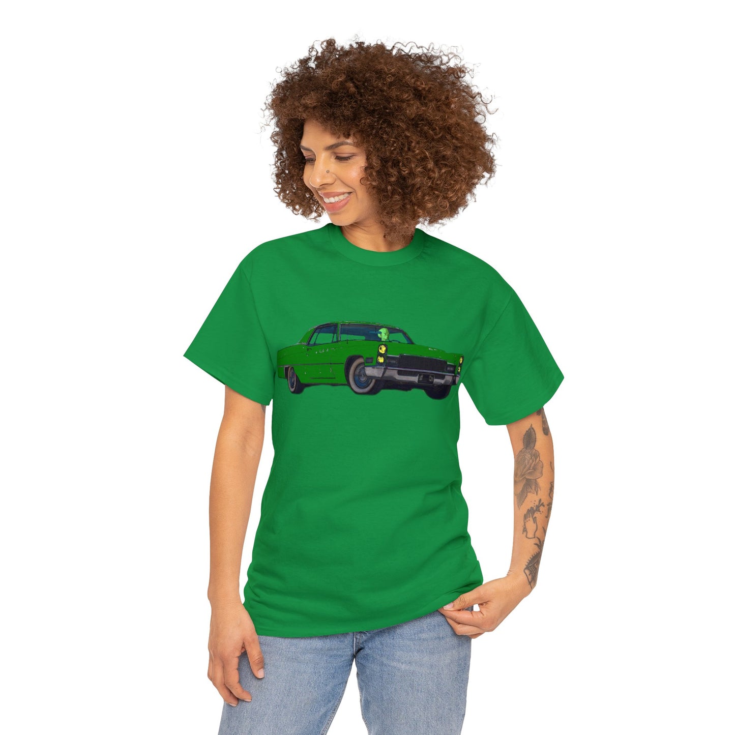 Alien Driving Car, Martian Driving a Vintage Caddy, Green Martian Heavy Cotton Tee