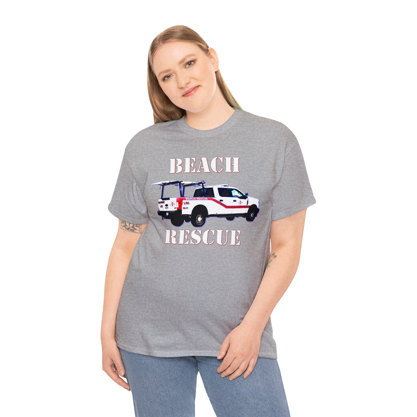 Beach Rescue Truck, Beach Life Guard Truck, Truck with Surfboard Heavy Cotton Tee