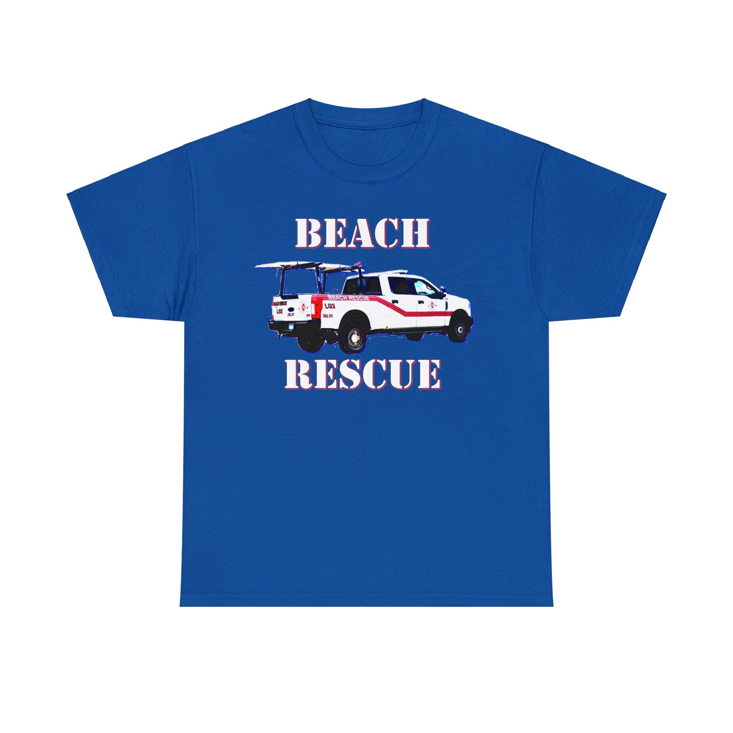 Beach Rescue Truck, Beach Life Guard Truck, Truck with Surfboard Heavy Cotton Tee