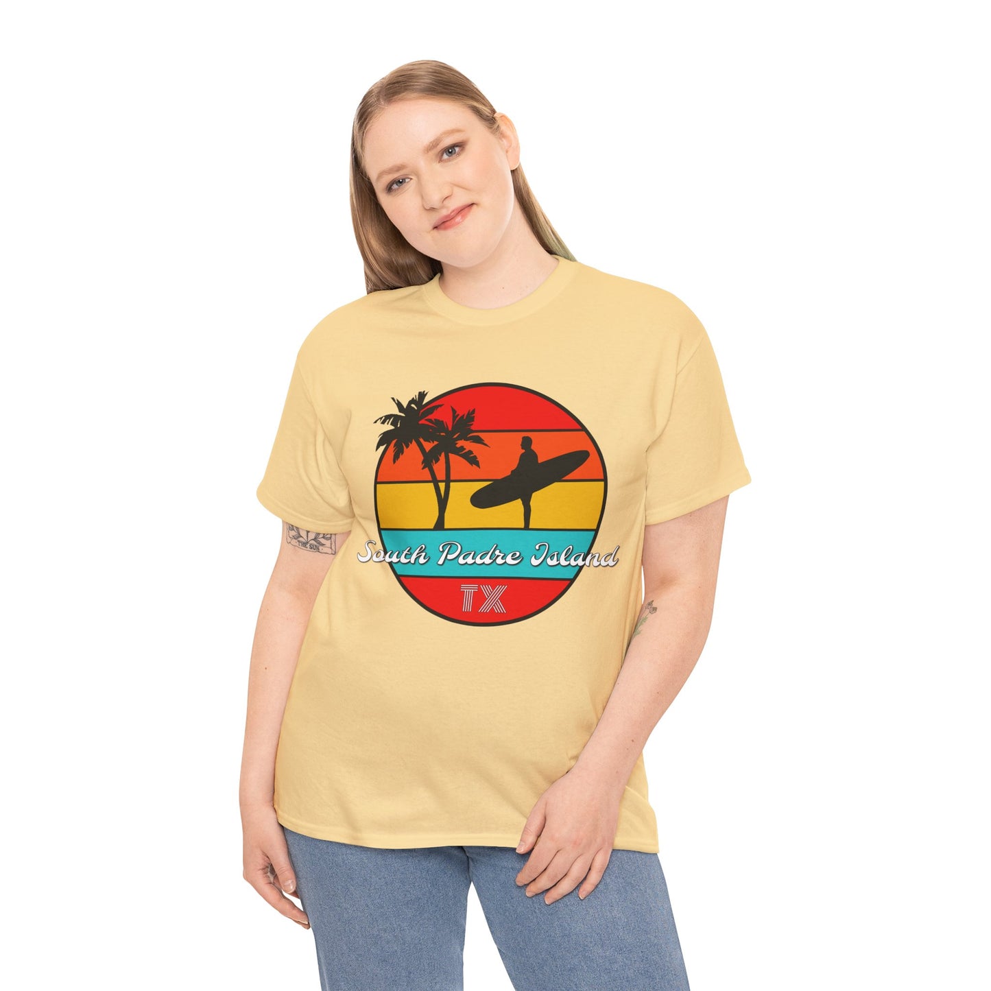 South Padre Island Texas, South Padre Surfer, Palm Trees Heavy Cotton Tee