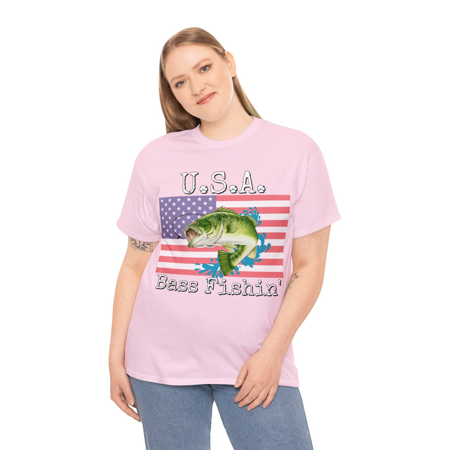 Vintage Retro USA American Flag Bass Fishing Heavy Cotton Tee