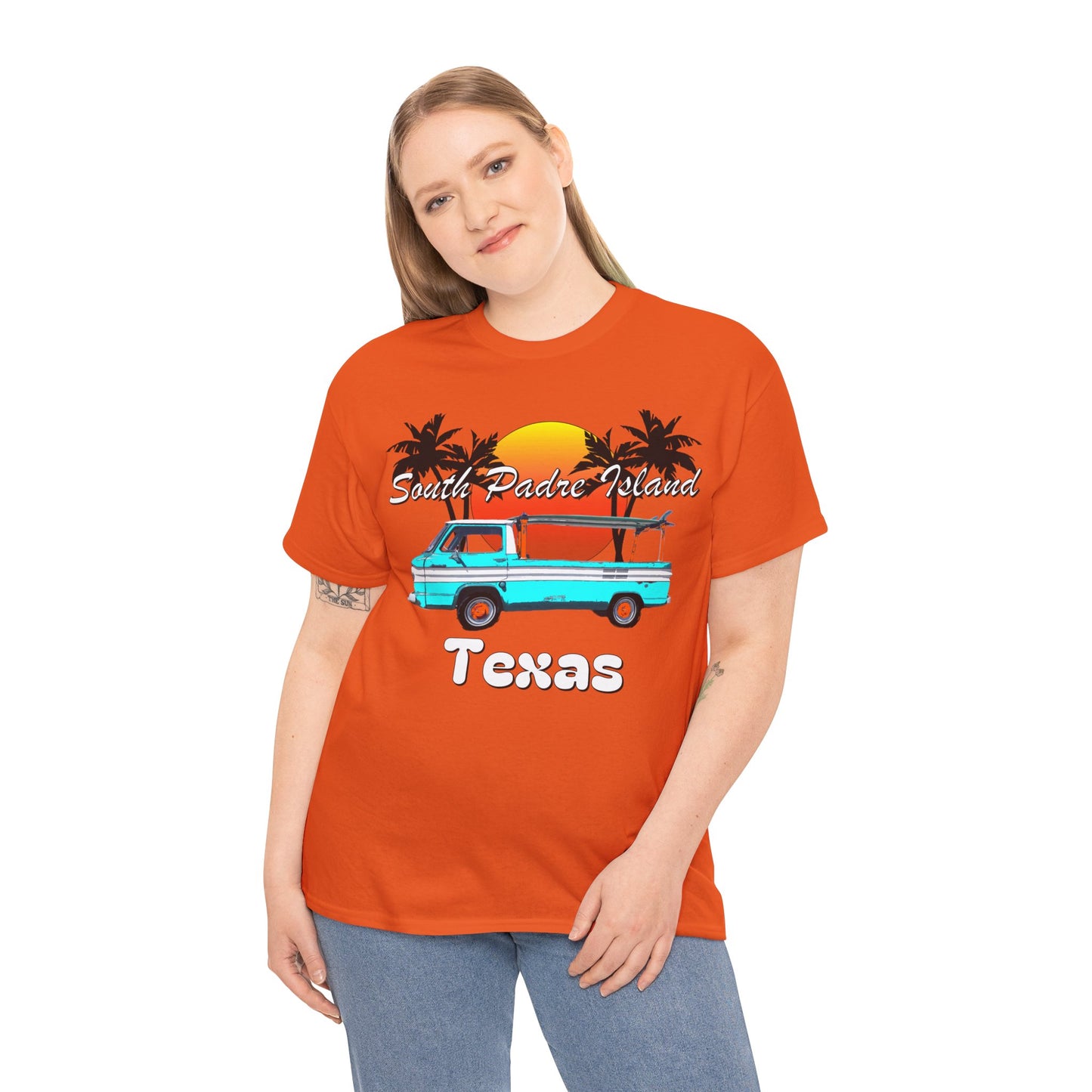 South Padre Island Texas, South Padre Surfer, Palm Trees Heavy Cotton Tee