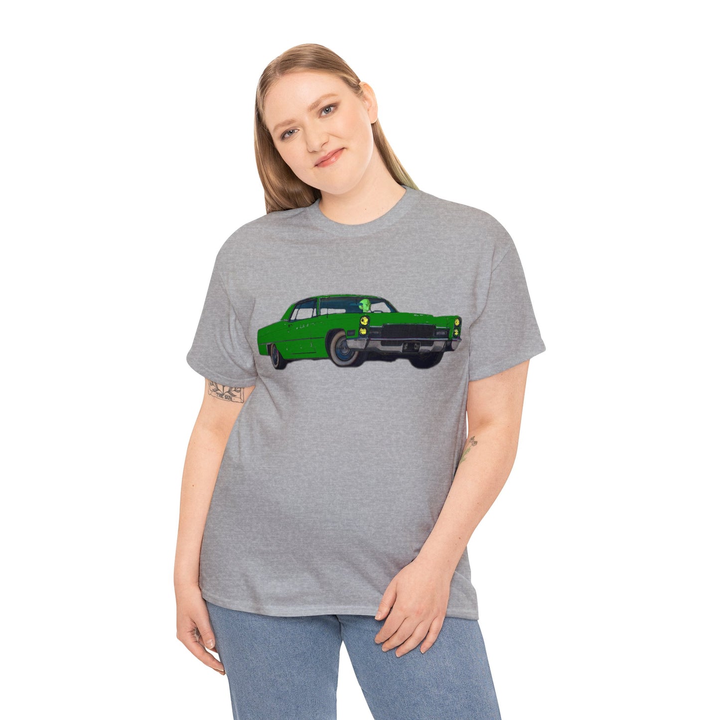 Alien Driving Car, Martian Driving a Vintage Caddy, Green Martian Heavy Cotton Tee