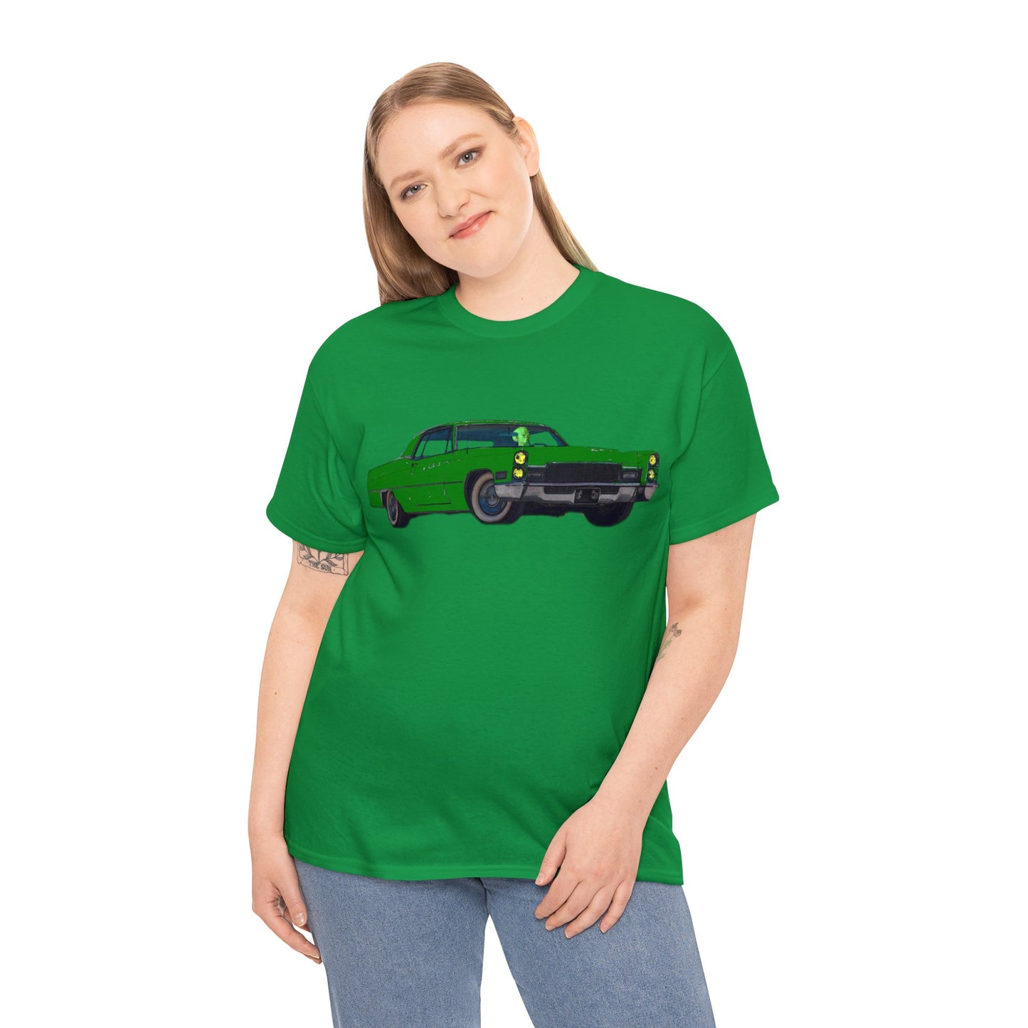 Alien Driving Car, Martian Driving a Vintage Caddy, Green Martian Heavy Cotton Tee