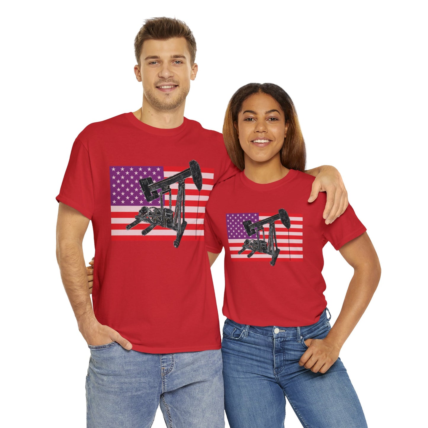 American Oil Worker Pump Jack USA Flag Heavy Cotton Tee