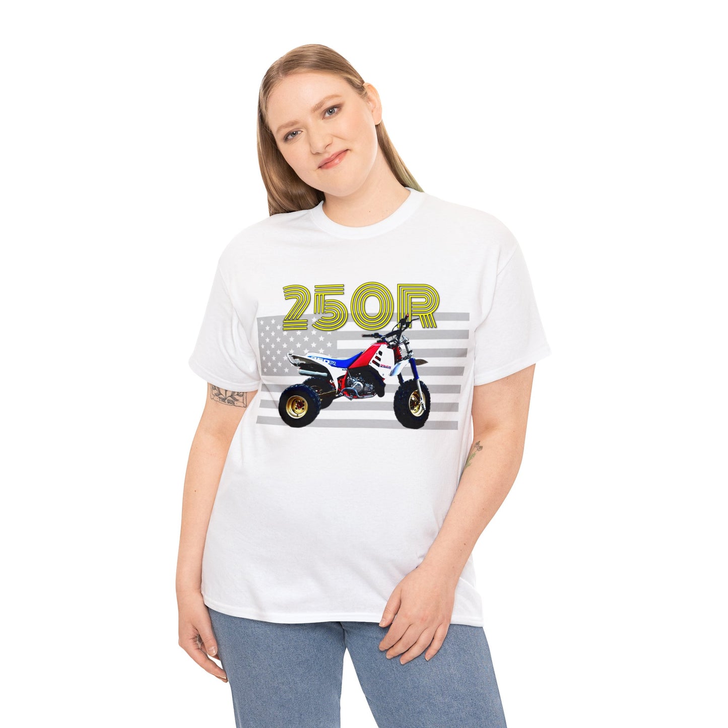 250r ATV ATC Vintage Retro Three Wheeler American Flag Heavy Cotton Tee