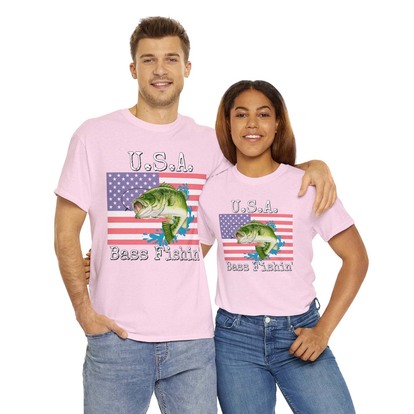 Vintage Retro USA American Flag Bass Fishing Heavy Cotton Tee