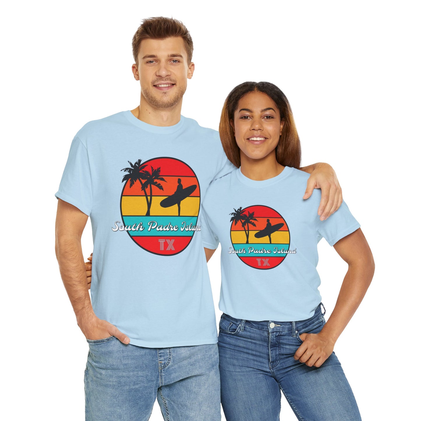 South Padre Island Texas, South Padre Surfer, Palm Trees Heavy Cotton Tee