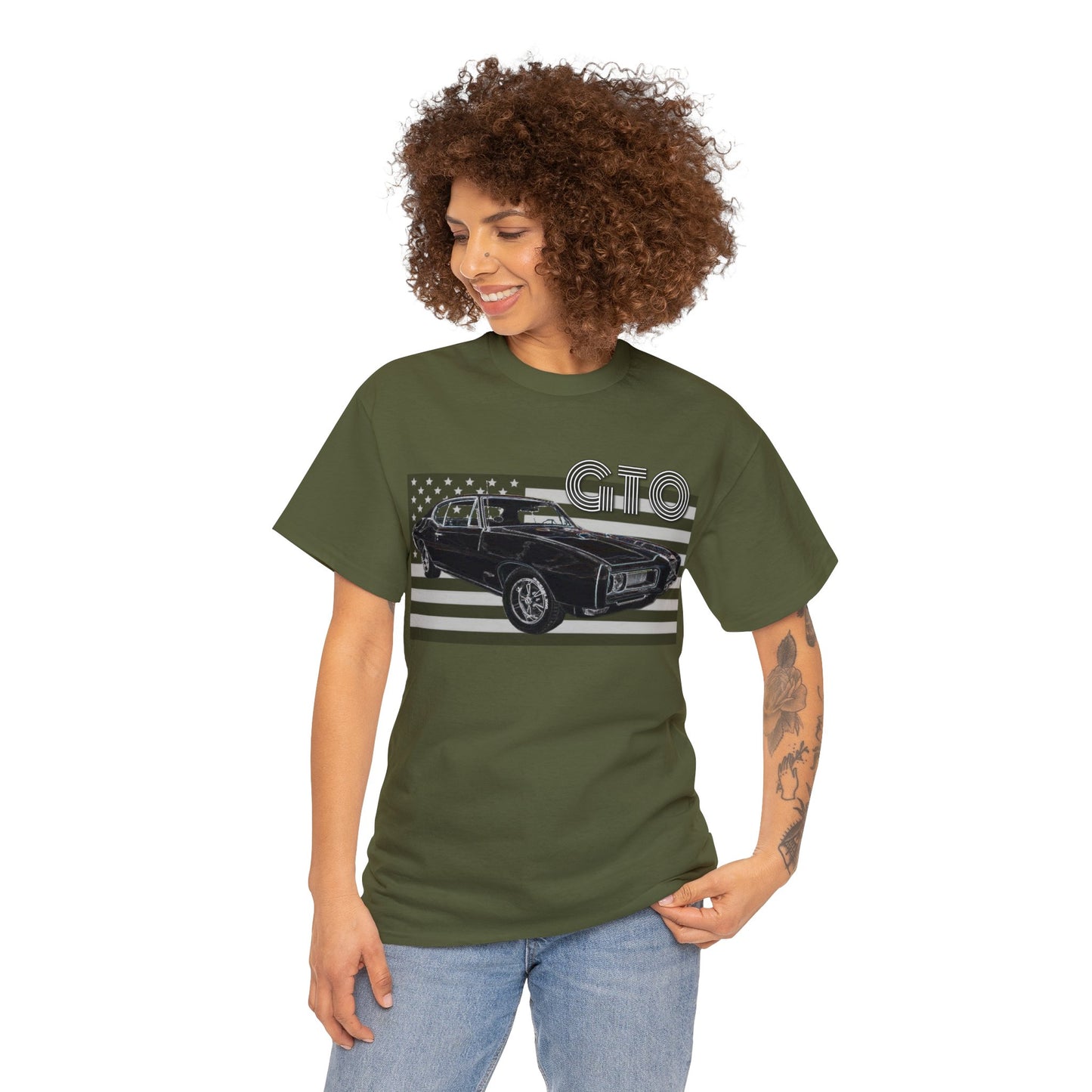 GTO Muscle Car, Pontiac, Vintage Car, Vintage American Car, American Flag Heavy Cotton Tee