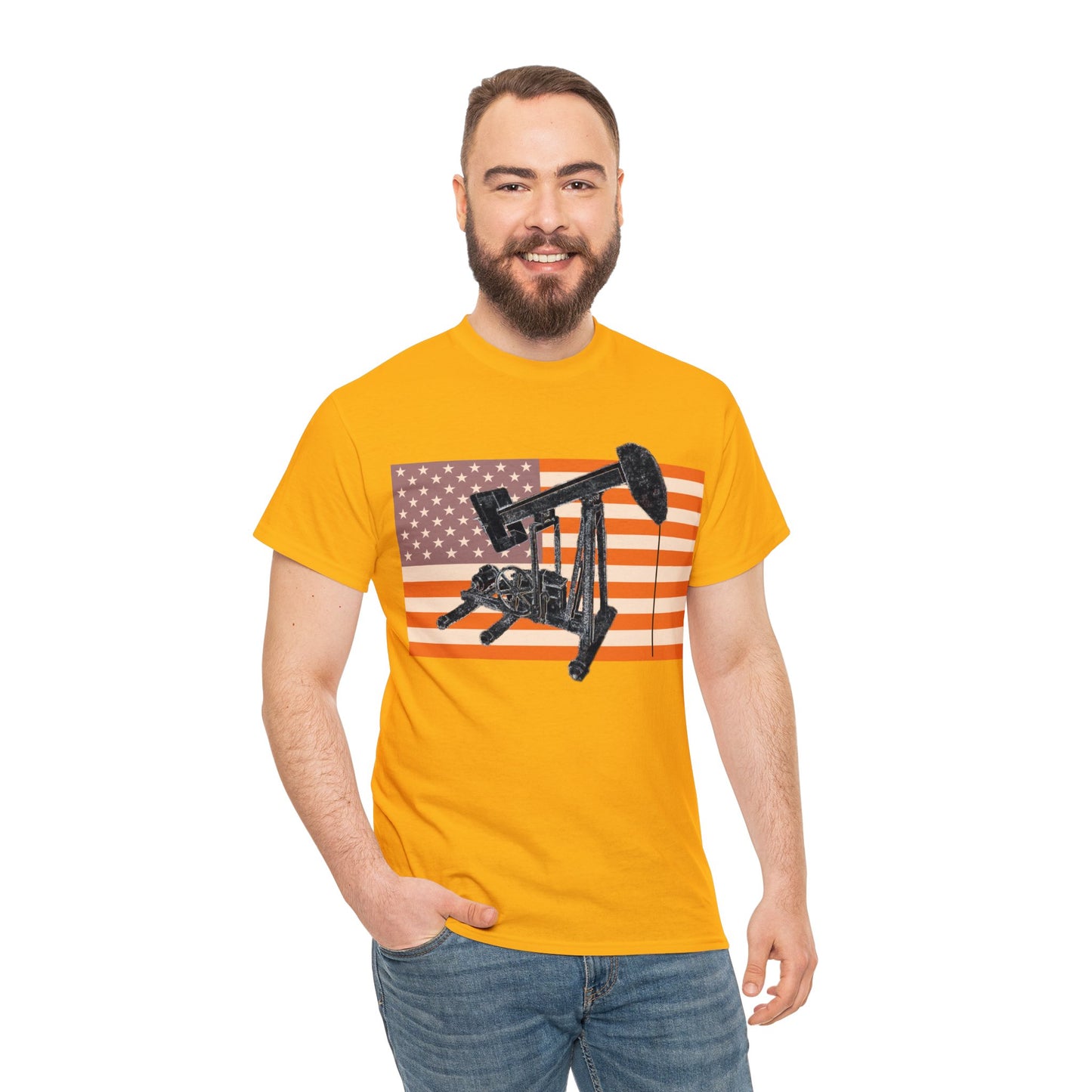 American Oil Worker Pump Jack USA Flag Heavy Cotton Tee