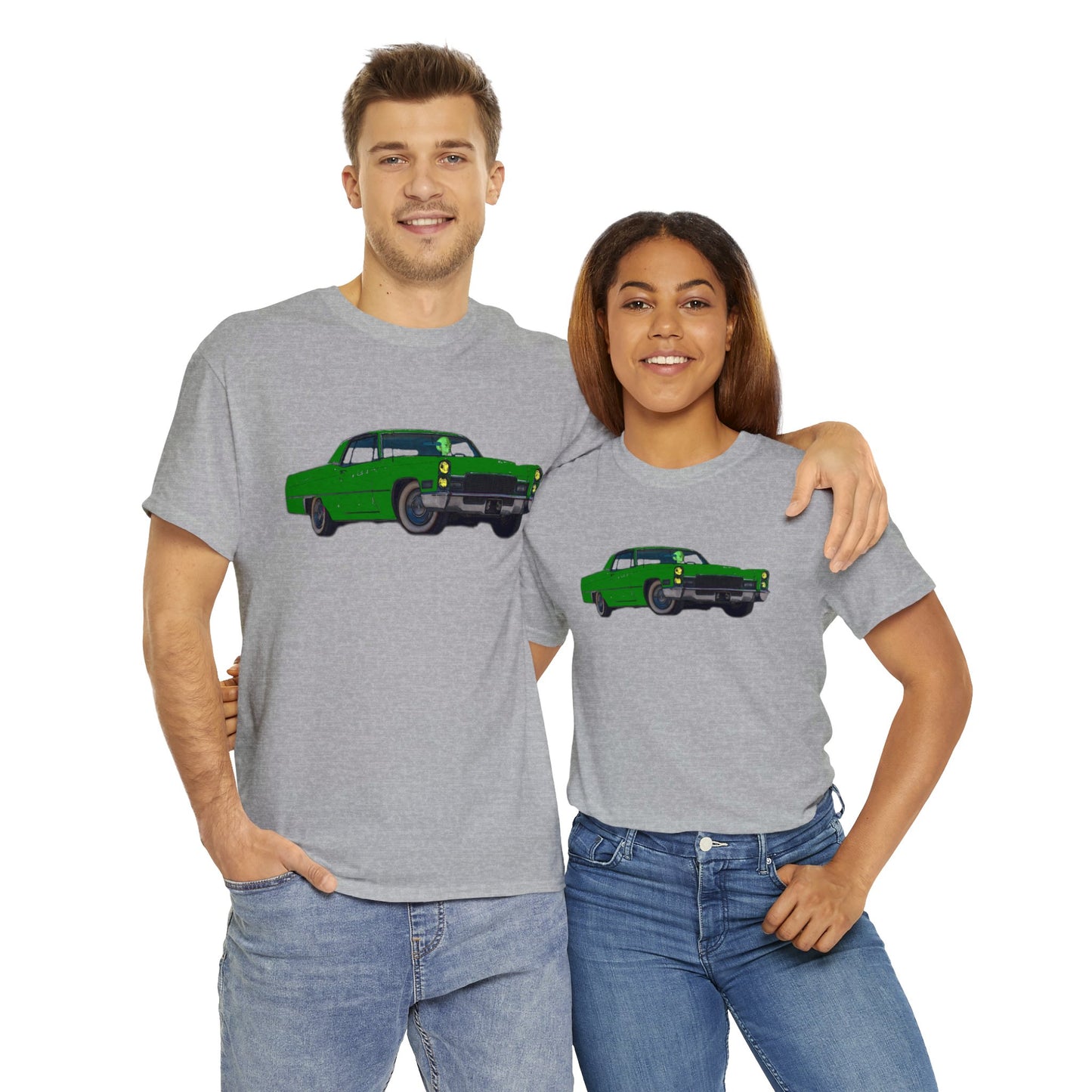 Alien Driving Car, Martian Driving a Vintage Caddy, Green Martian Heavy Cotton Tee