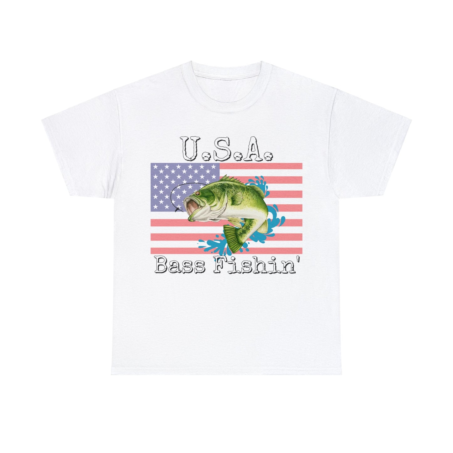 Vintage Retro USA American Flag Bass Fishing Heavy Cotton Tee