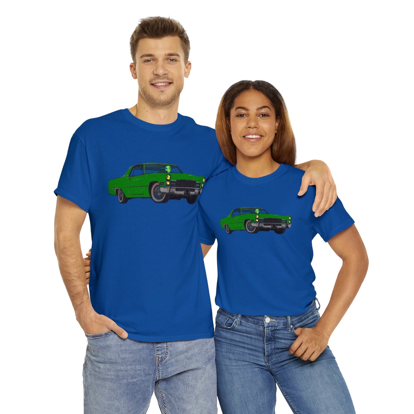 Alien Driving Car, Martian Driving a Vintage Caddy, Green Martian Heavy Cotton Tee