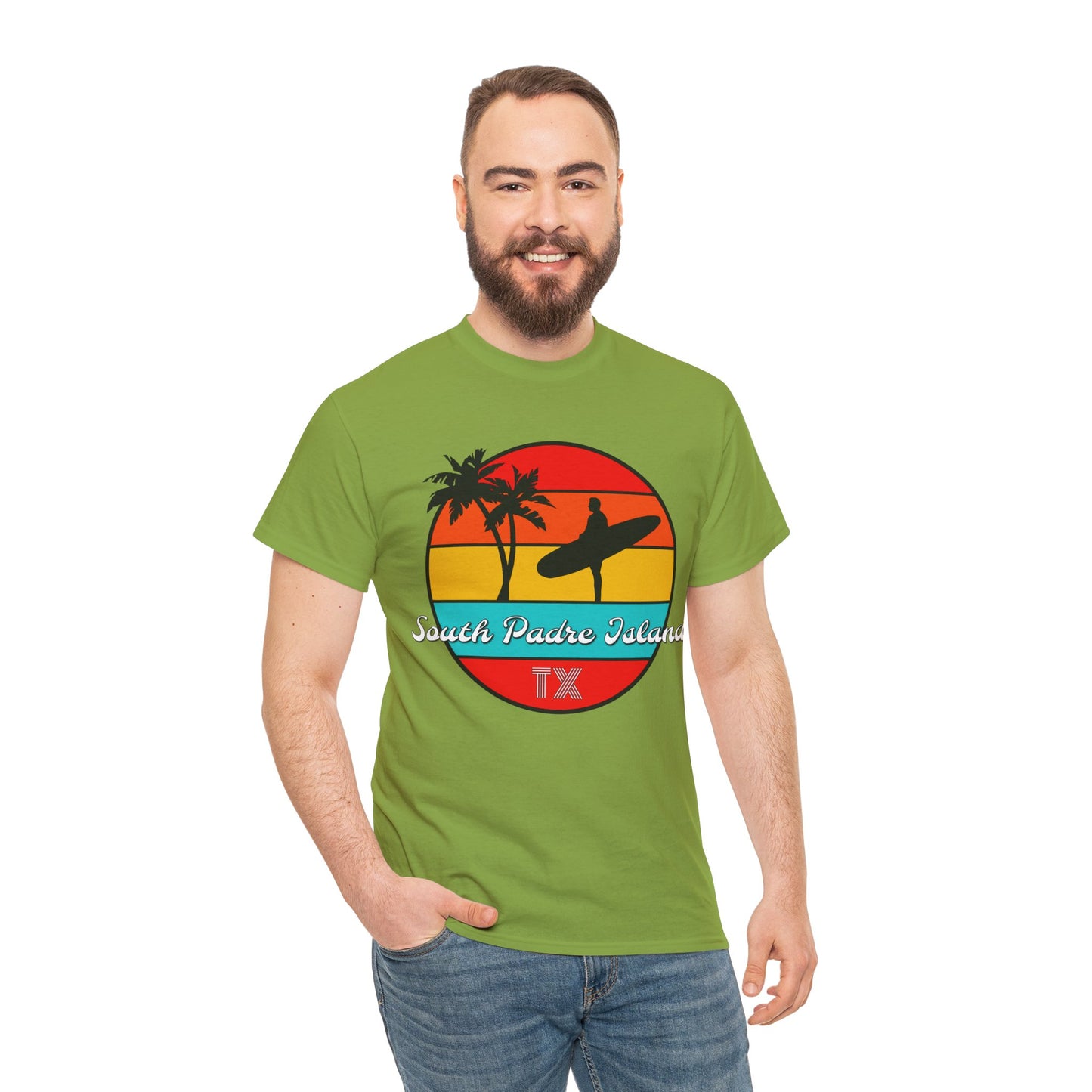 South Padre Island Texas, South Padre Surfer, Palm Trees Heavy Cotton Tee