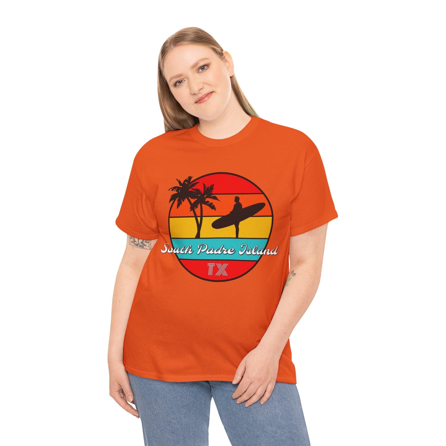 South Padre Island Texas, South Padre Surfer, Palm Trees Heavy Cotton Tee