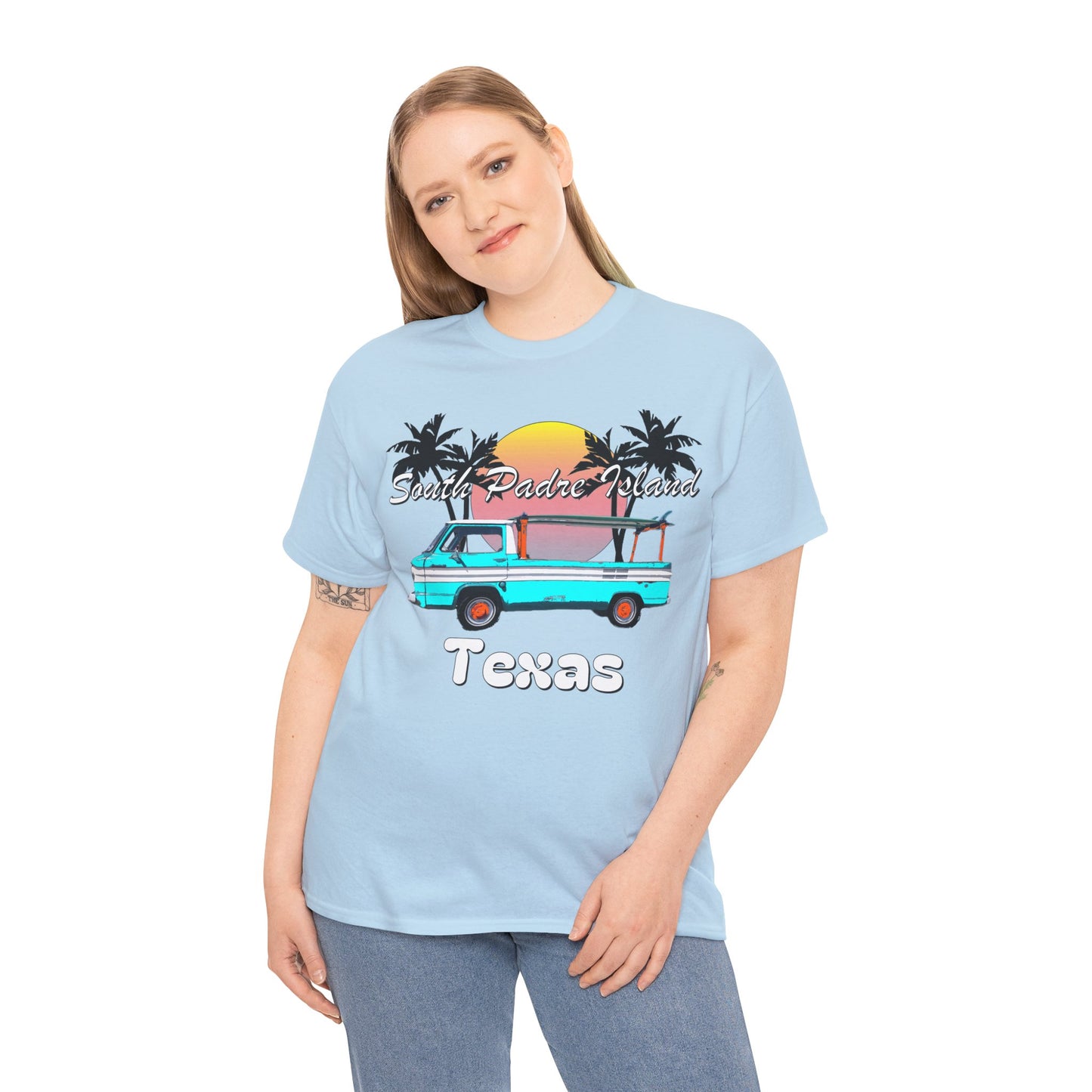 South Padre Island Texas, South Padre Surfer, Palm Trees Heavy Cotton Tee