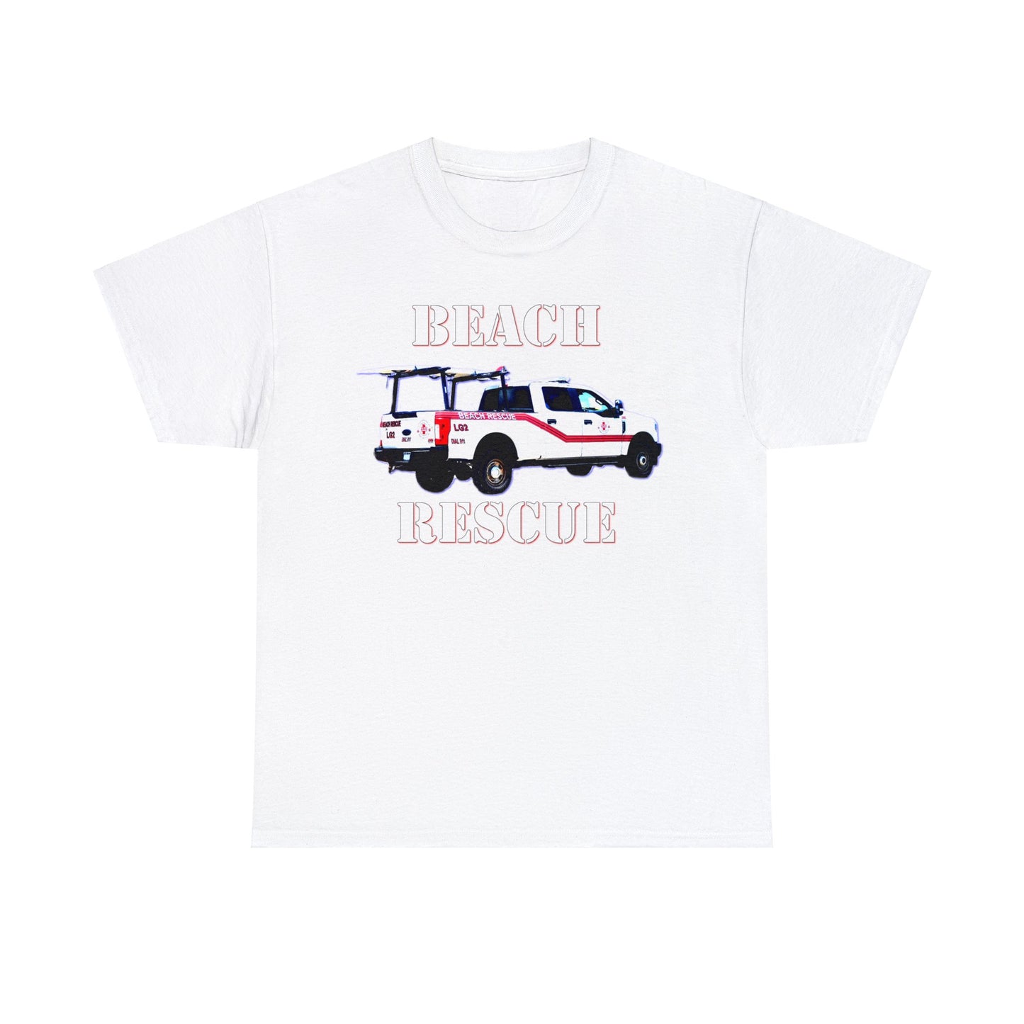 Beach Rescue Truck, Beach Life Guard Truck, Truck with Surfboard Heavy Cotton Tee