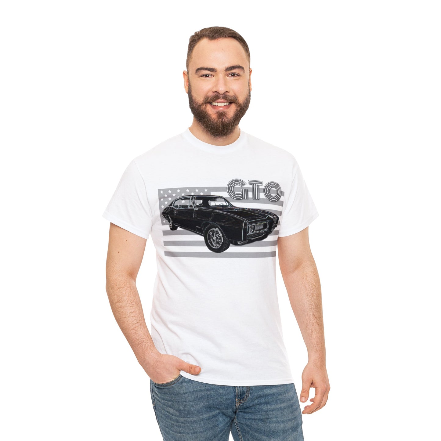 GTO Muscle Car, Pontiac, Vintage Car, Vintage American Car, American Flag Heavy Cotton Tee