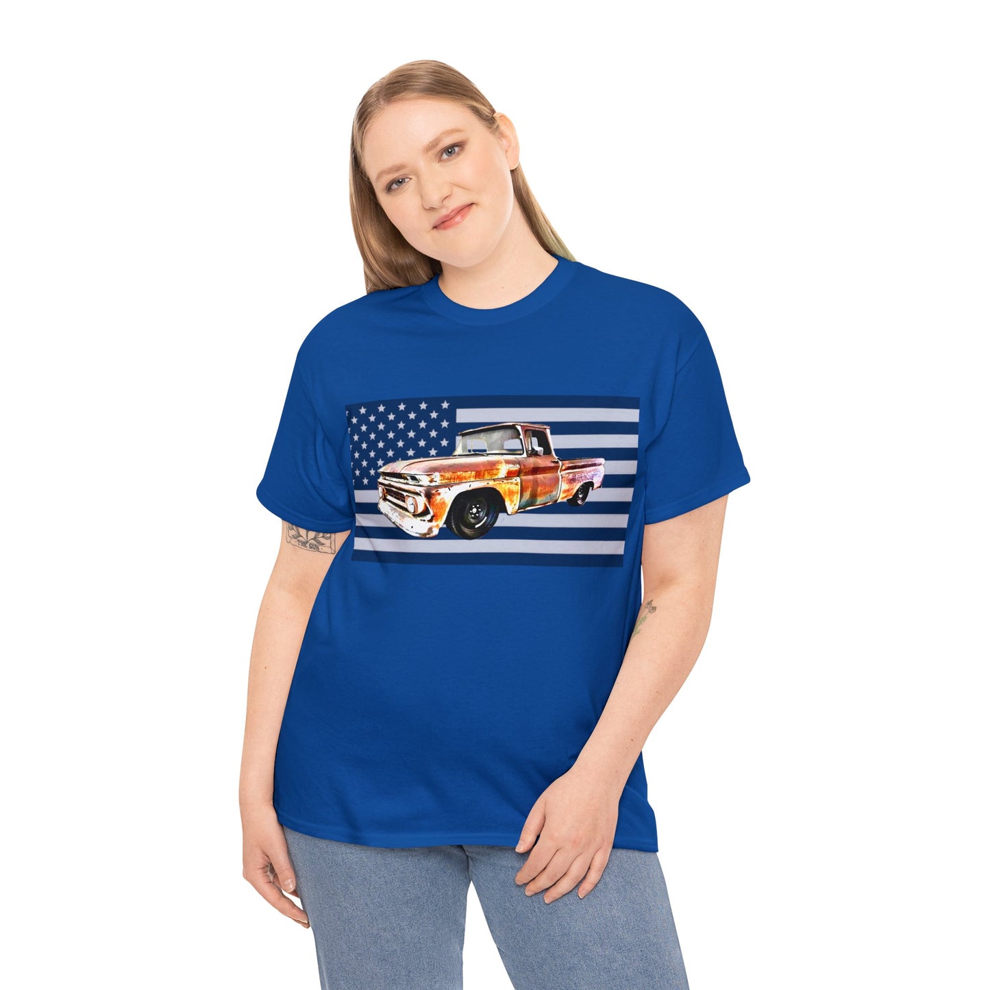 Vintage American Made Pickup Truck and Flag, Antique USA Truck Heavy Cotton Tee