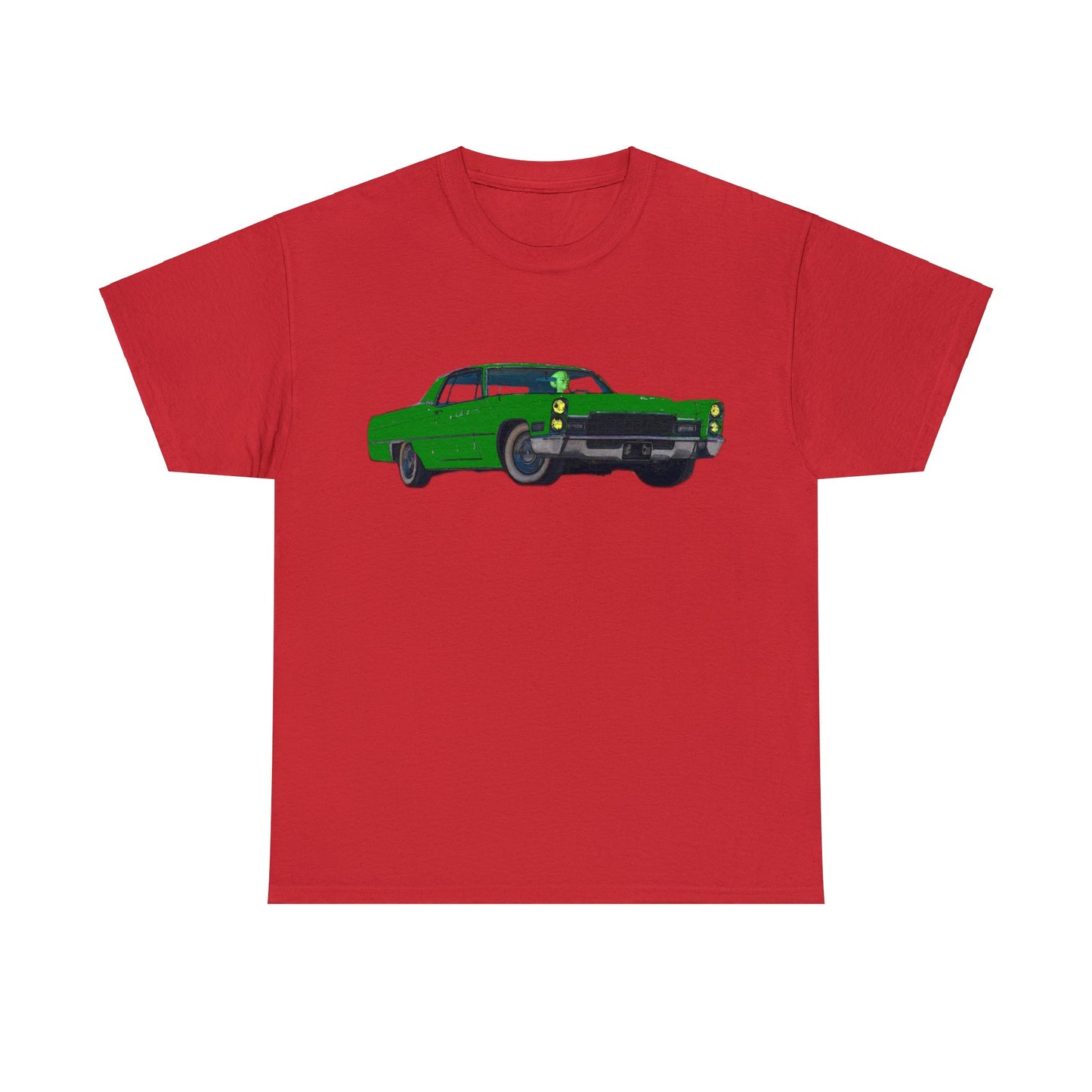 Alien Driving Car, Martian Driving a Vintage Caddy, Green Martian Heavy Cotton Tee