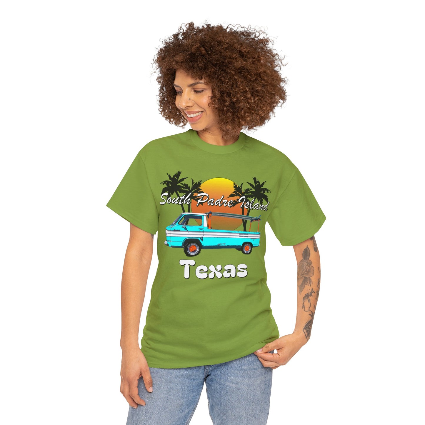 South Padre Island Texas, South Padre Surfer, Palm Trees Heavy Cotton Tee