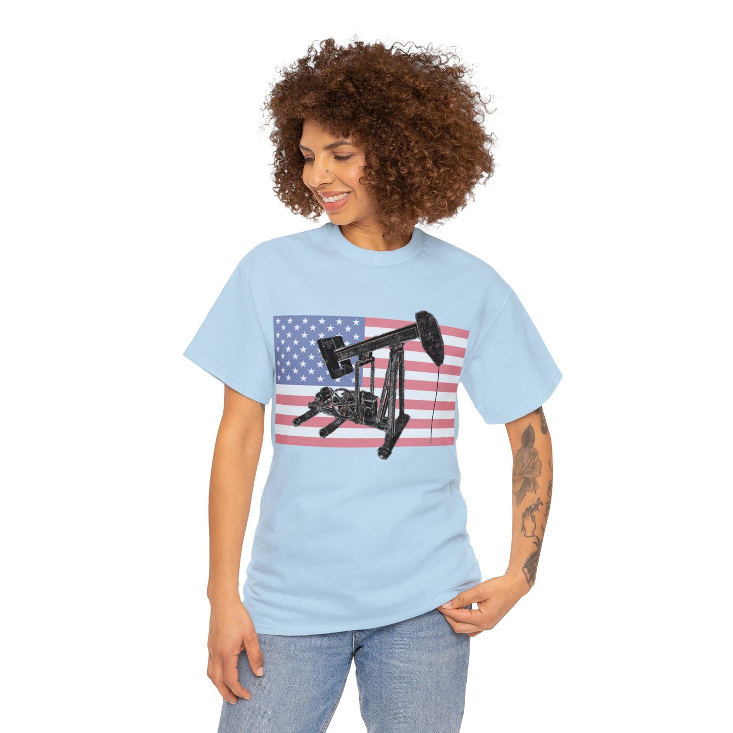 American Oil Worker Pump Jack USA Flag Heavy Cotton Tee